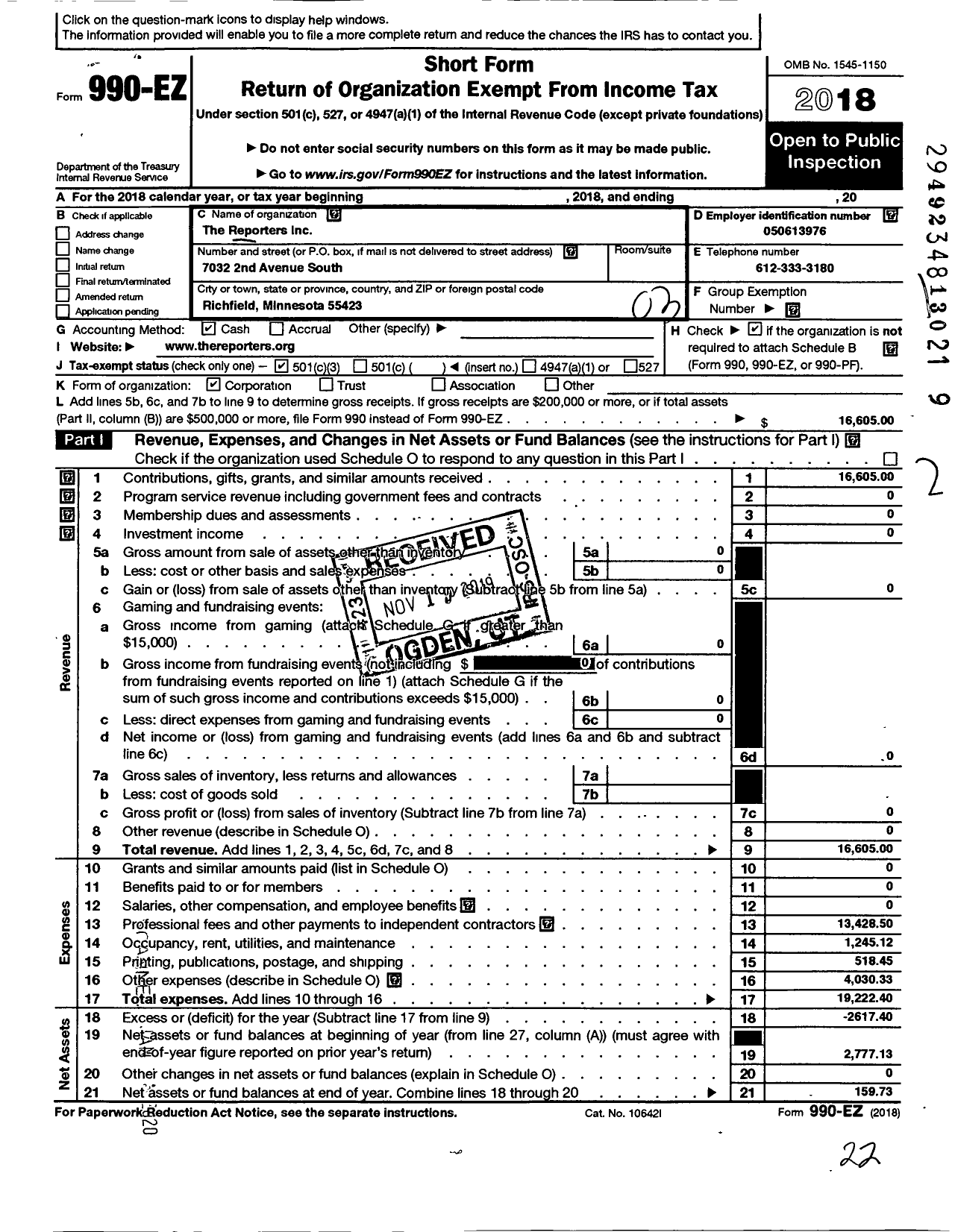 Image of first page of 2018 Form 990EZ for The Reporters