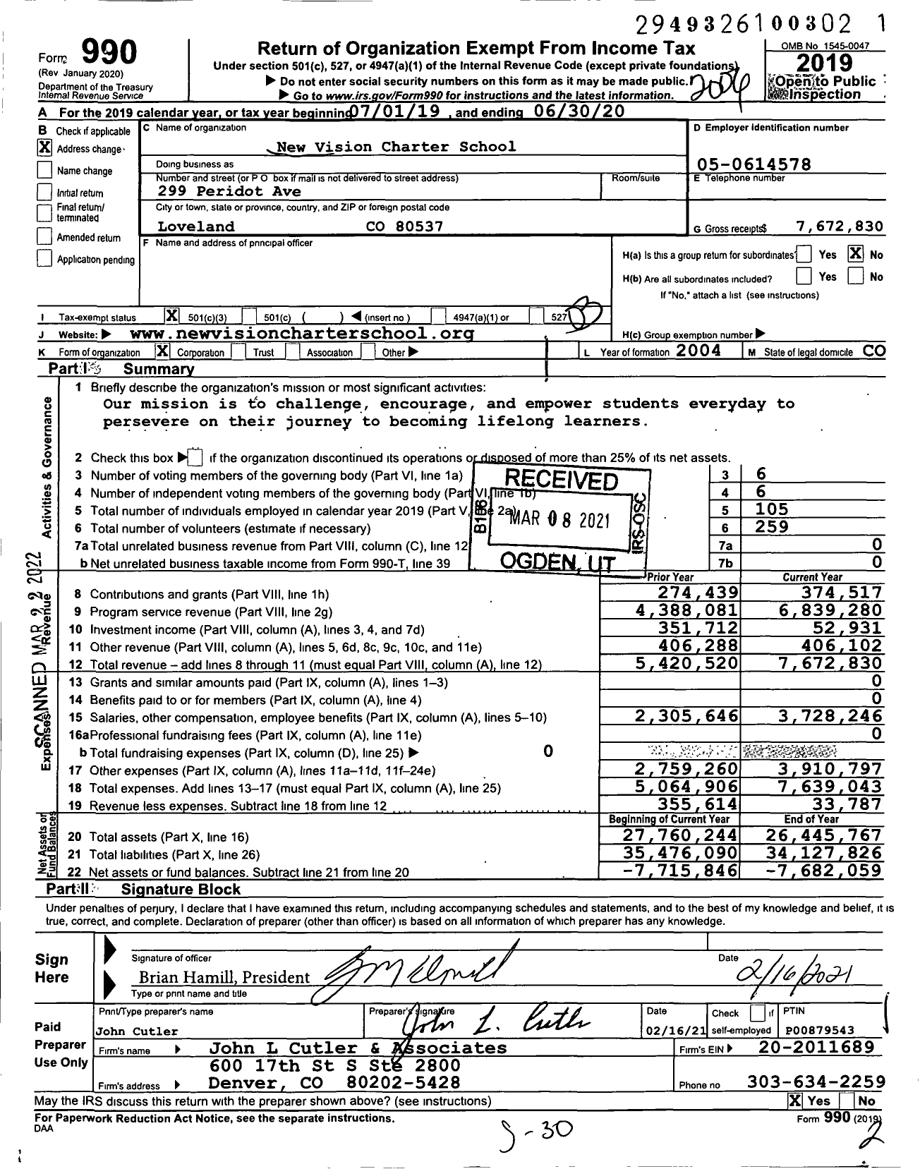Image of first page of 2019 Form 990 for New Vision Charter School