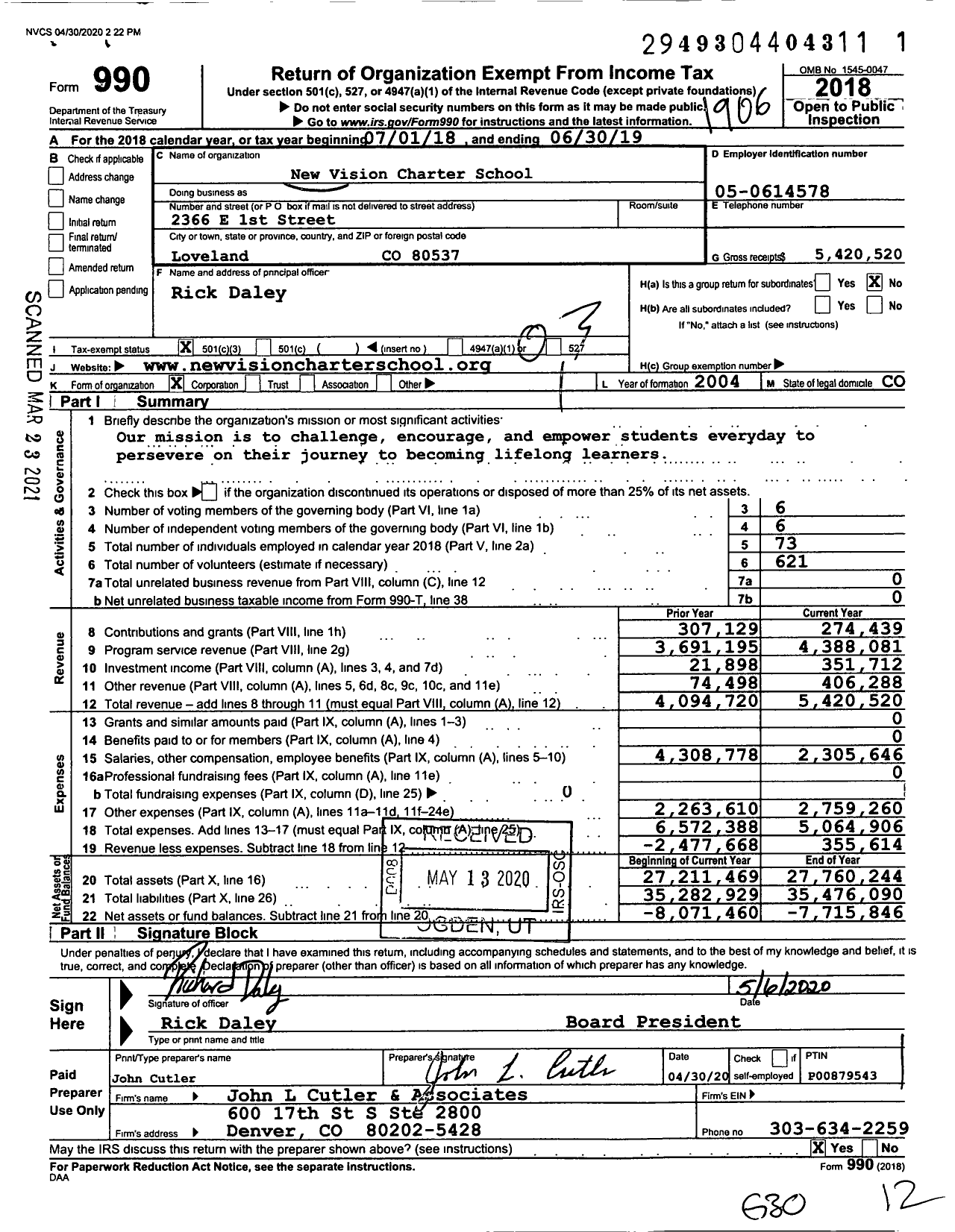 Image of first page of 2018 Form 990 for New Vision Charter School