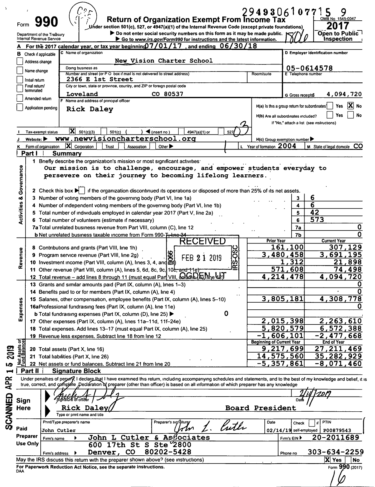 Image of first page of 2017 Form 990 for New Vision Charter School