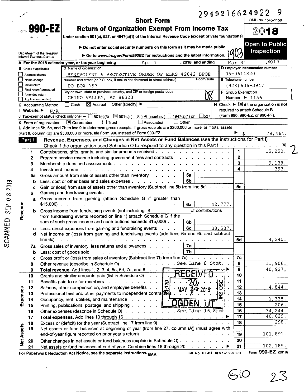 Image of first page of 2018 Form 990EO for Benevolent and Protective Order of Elks - 2842 Chino Valley