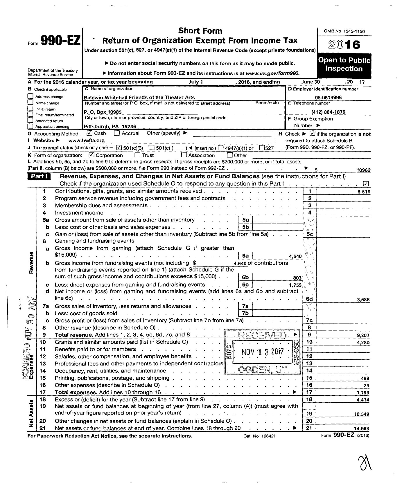 Image of first page of 2016 Form 990EZ for Baldwin-Whitehall Friends of the Theater Arts