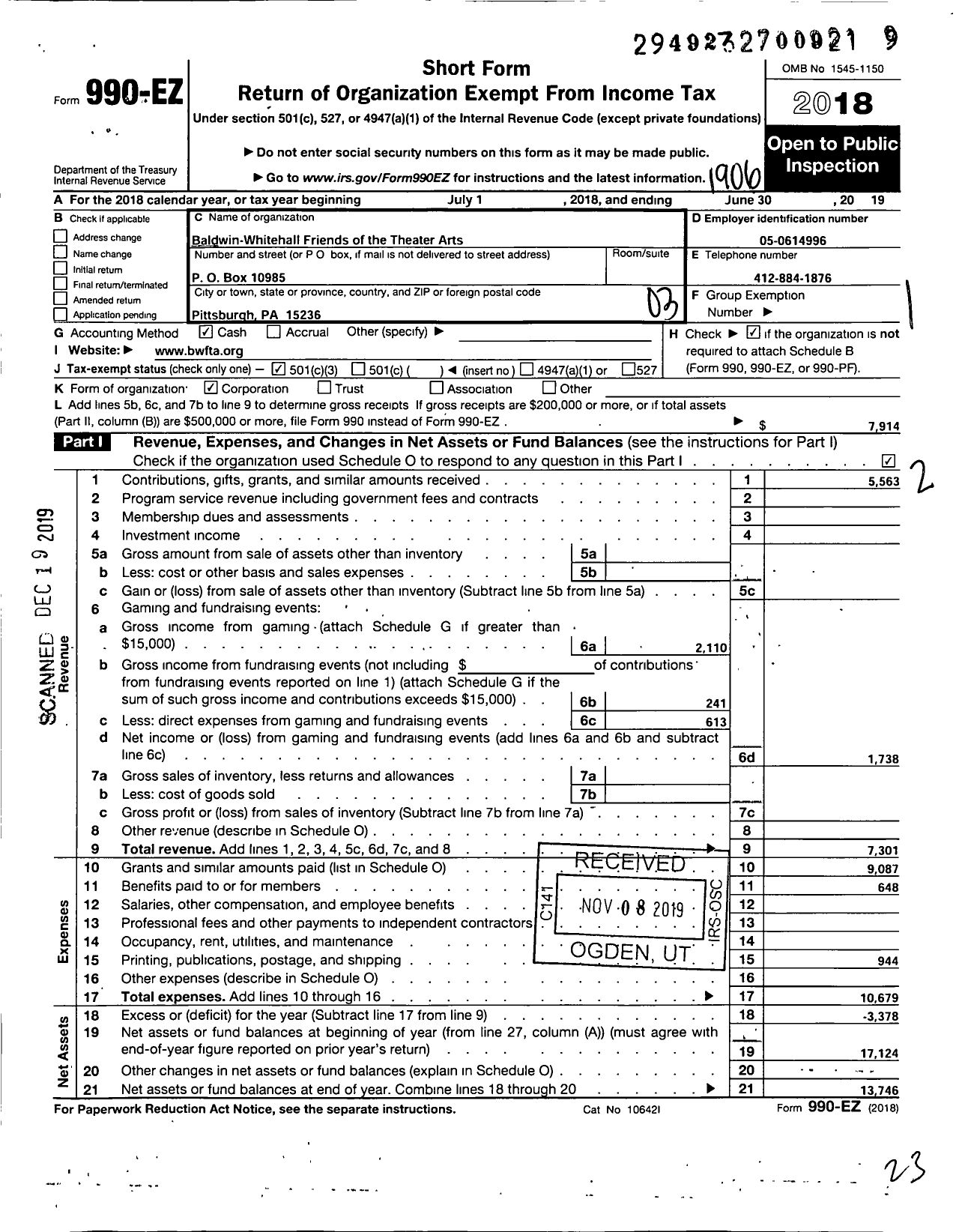 Image of first page of 2018 Form 990EZ for Baldwin-Whitehall Friends of the Theater Arts