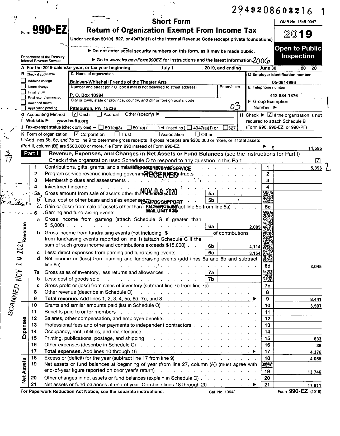 Image of first page of 2019 Form 990EZ for Baldwin-Whitehall Friends of the Theater Arts