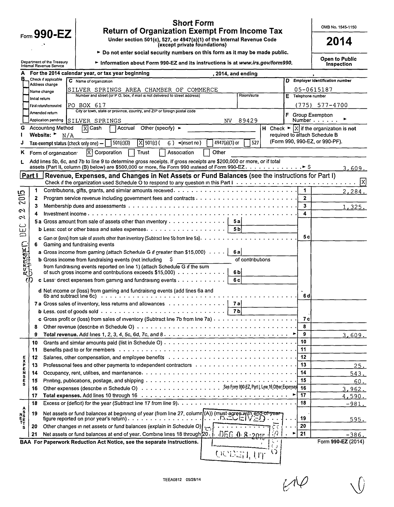 Image of first page of 2014 Form 990EO for Silver Springs Area Chamber of Commerce