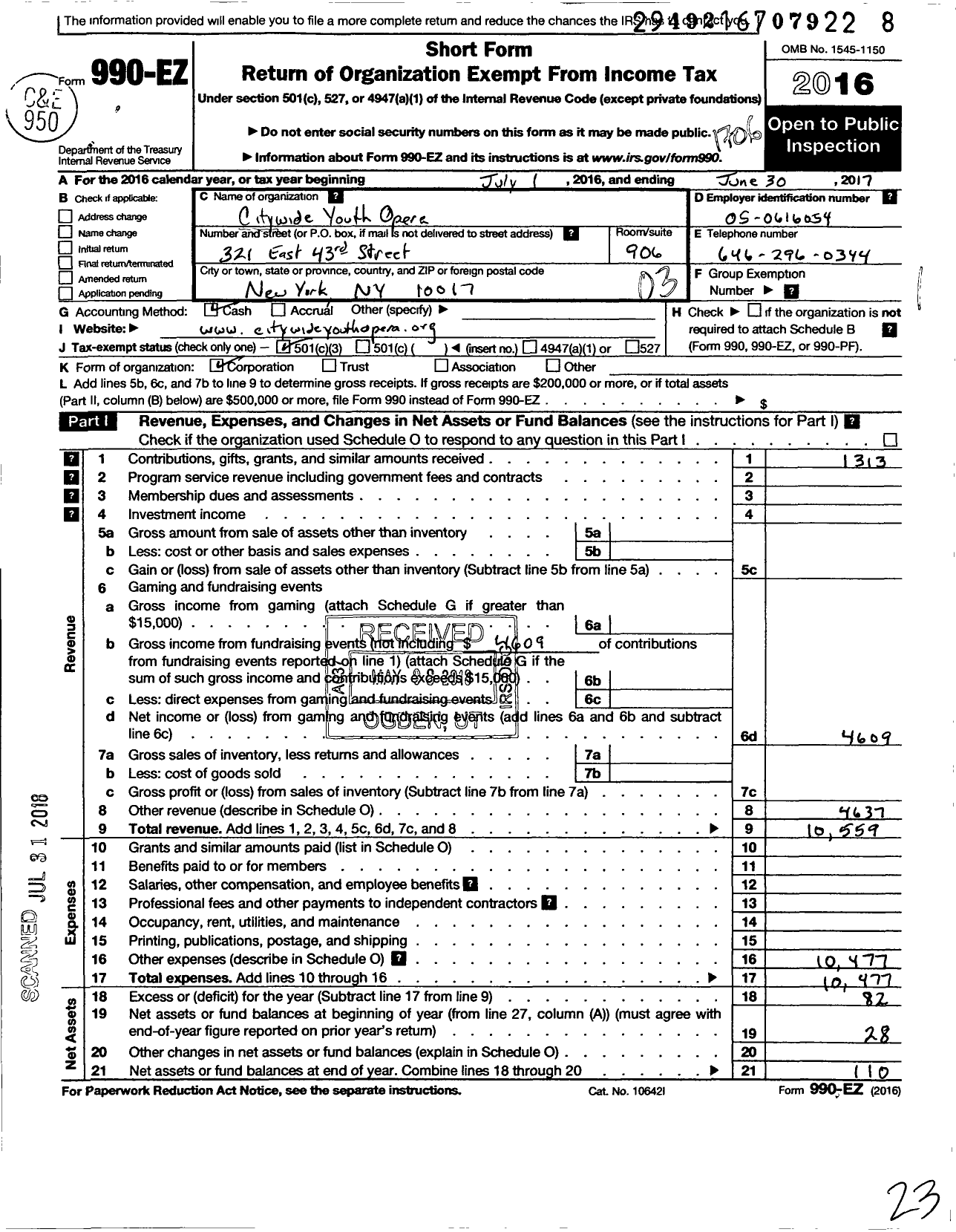 Image of first page of 2016 Form 990EZ for Citywide Youth Opera