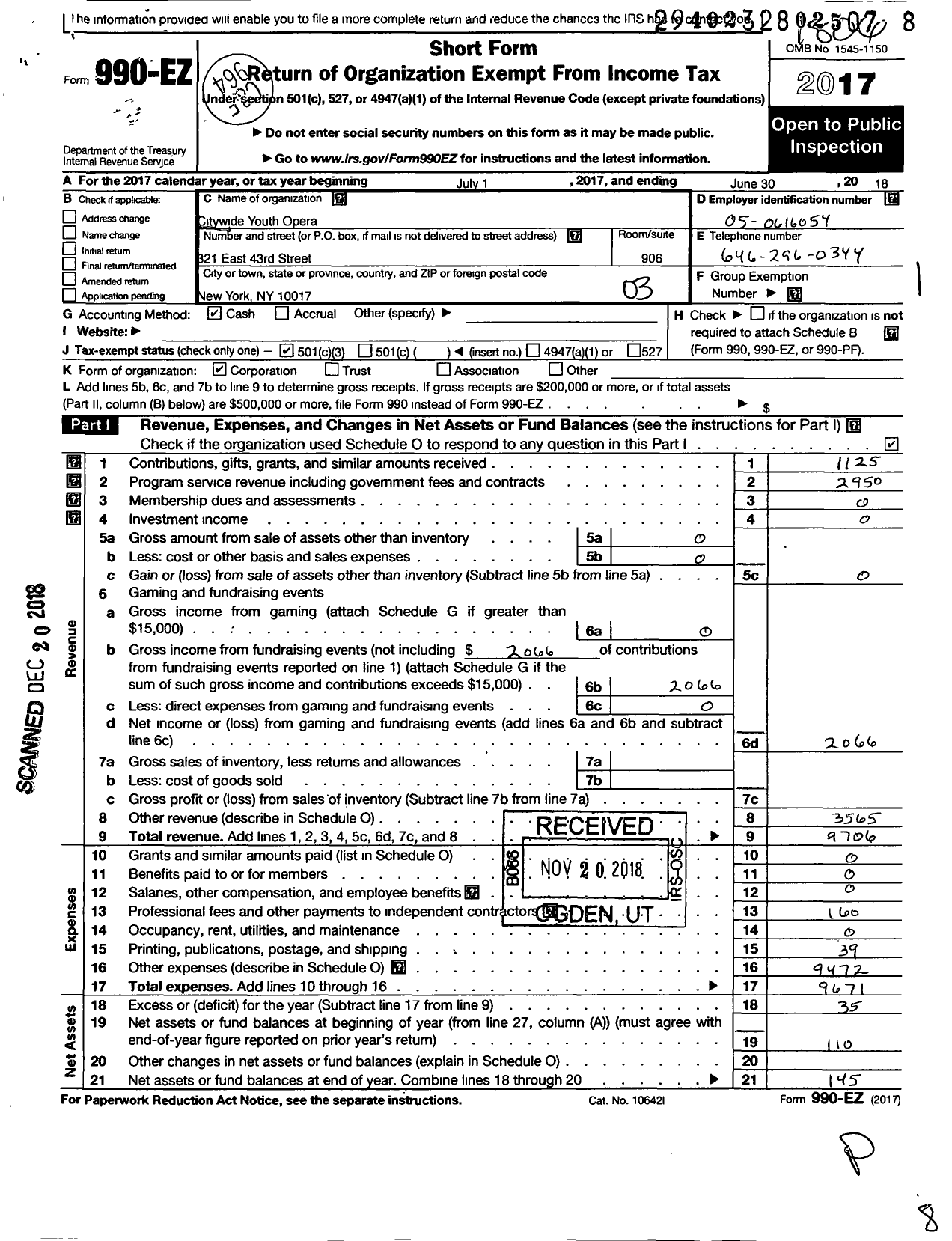 Image of first page of 2017 Form 990EZ for Citywide Youth Opera