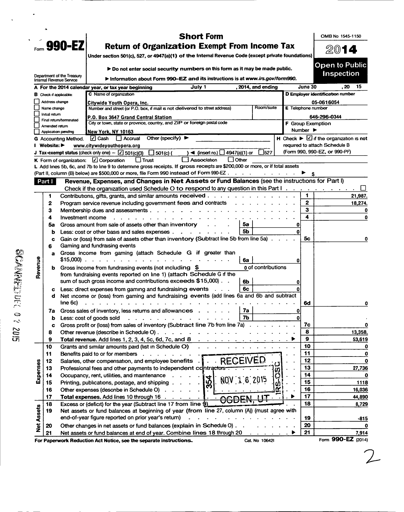 Image of first page of 2014 Form 990EZ for Citywide Youth Opera