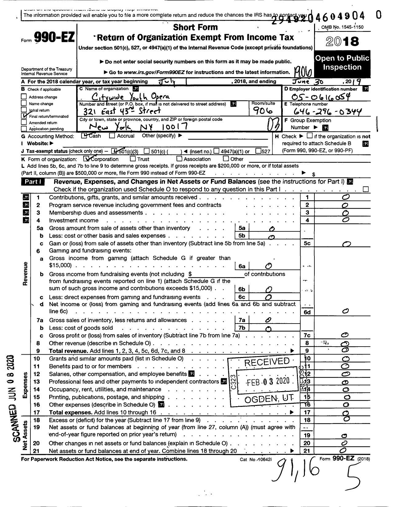 Image of first page of 2018 Form 990EZ for Citywide Youth Opera