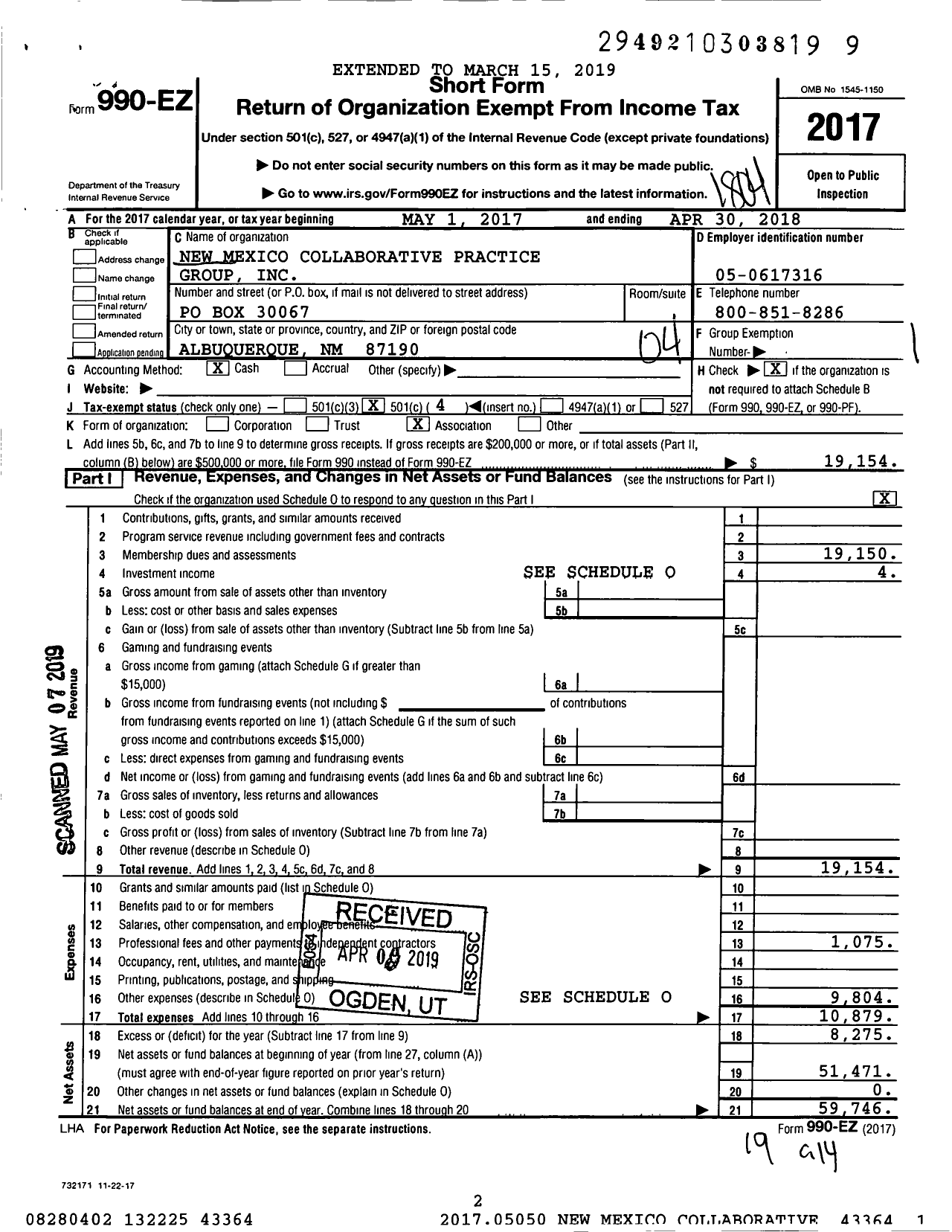 Image of first page of 2017 Form 990EO for New Mexico Collaborative Practice Group