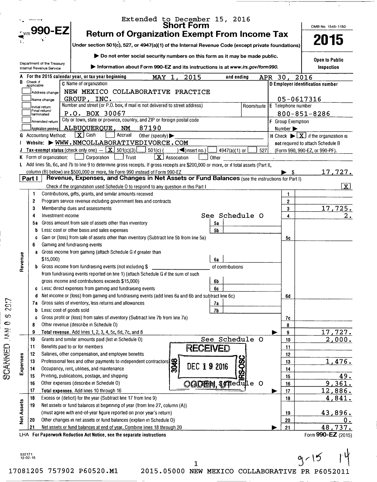 Image of first page of 2015 Form 990EZ for New Mexico Collaborative Practice Group