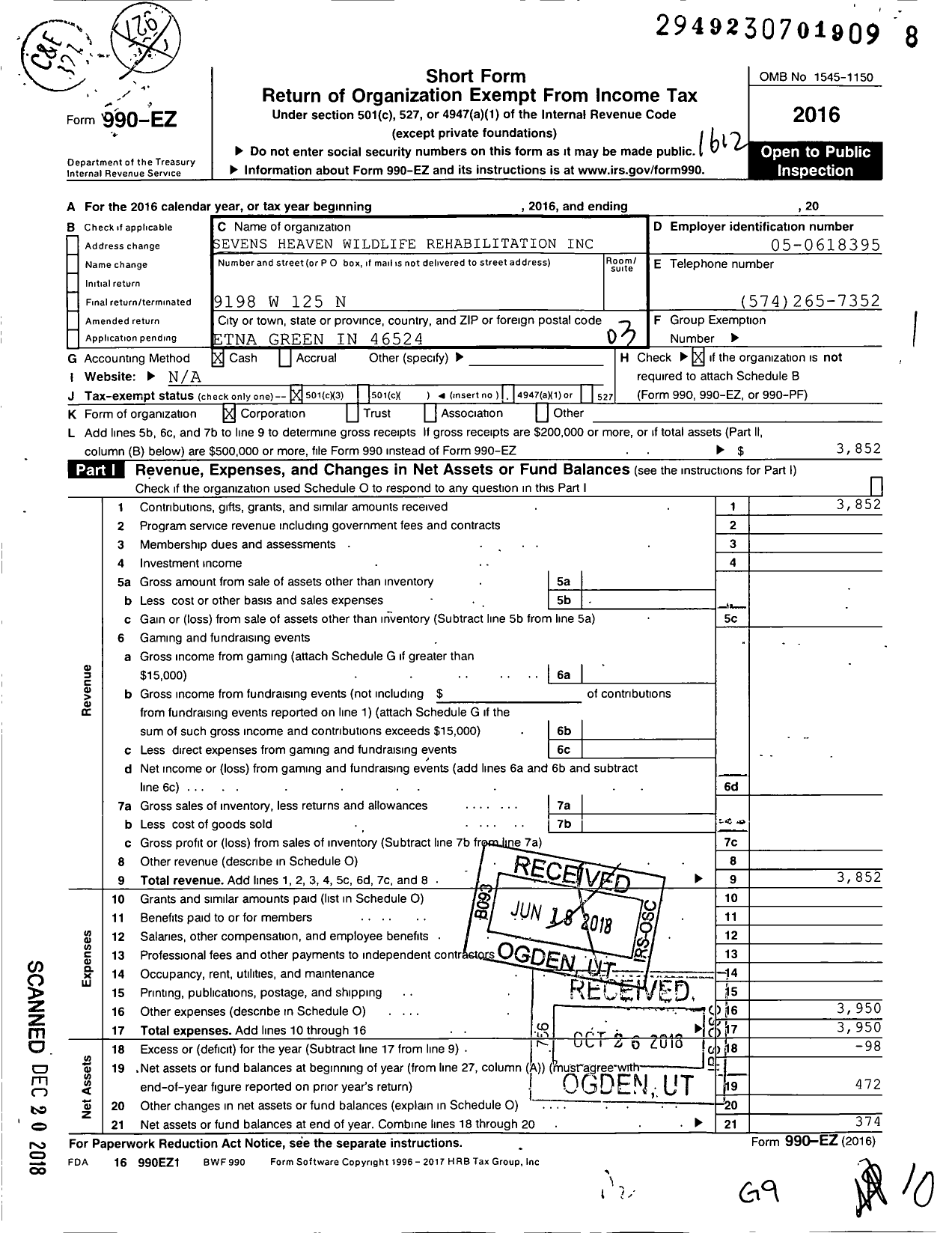 Image of first page of 2016 Form 990EZ for Sevens Heaven Wildlife Rehabilitation