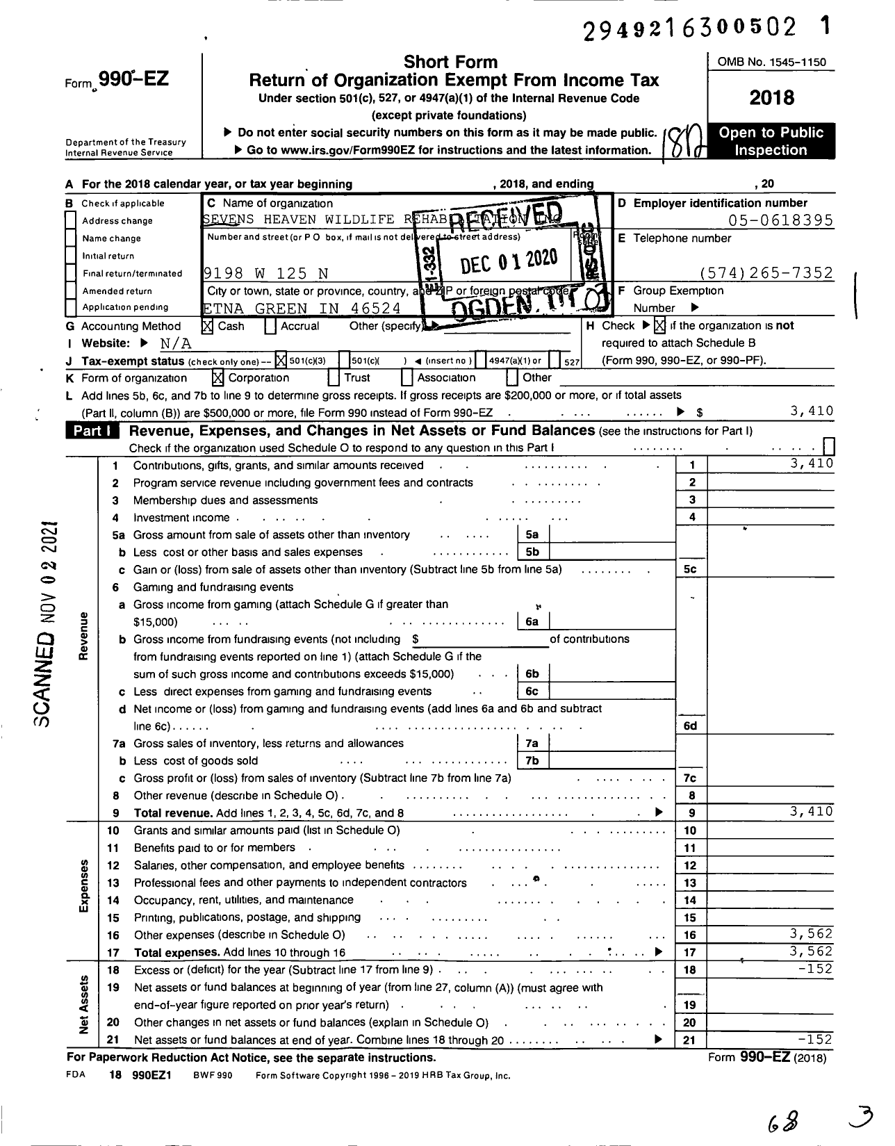 Image of first page of 2018 Form 990EZ for Sevens Heaven Wildlife Rehabilitation