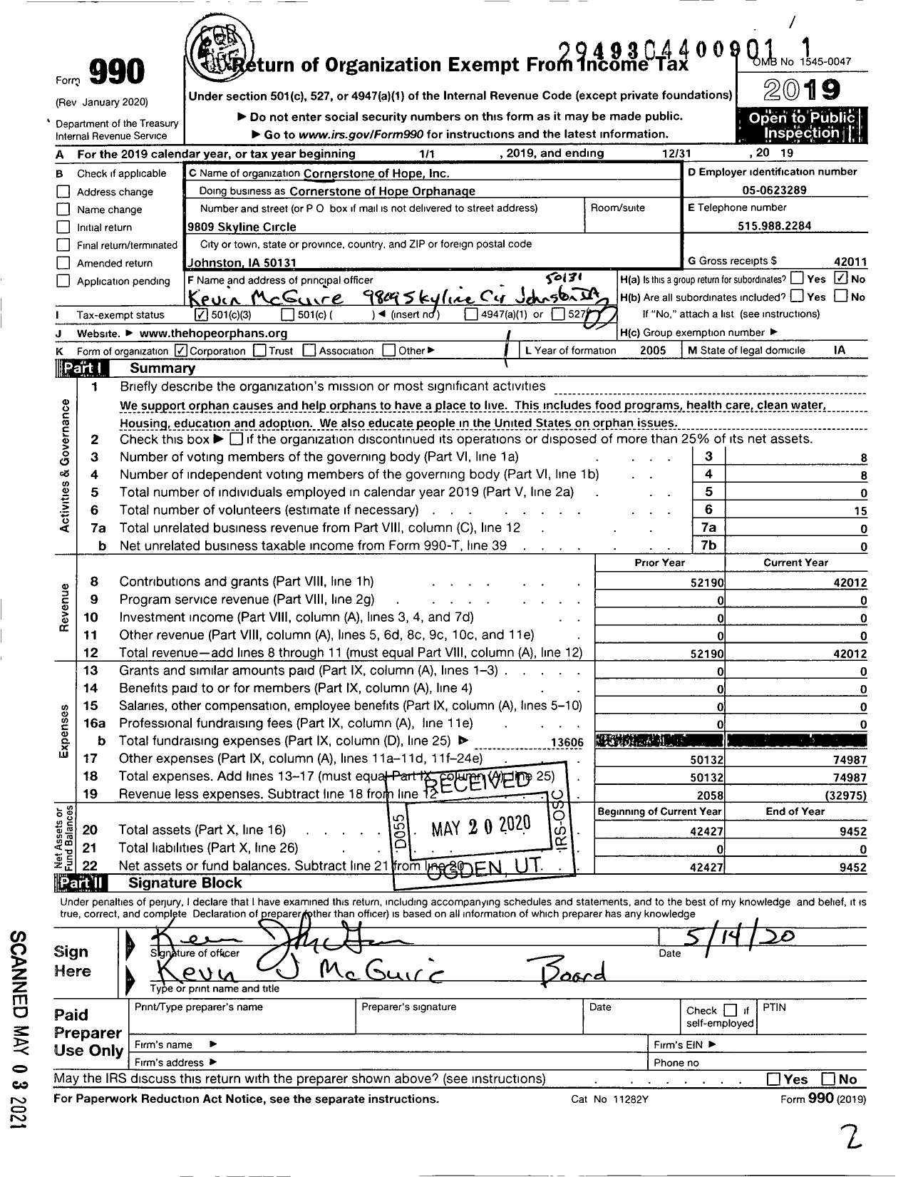 Image of first page of 2019 Form 990 for Cornerstone of Hope Orphanage