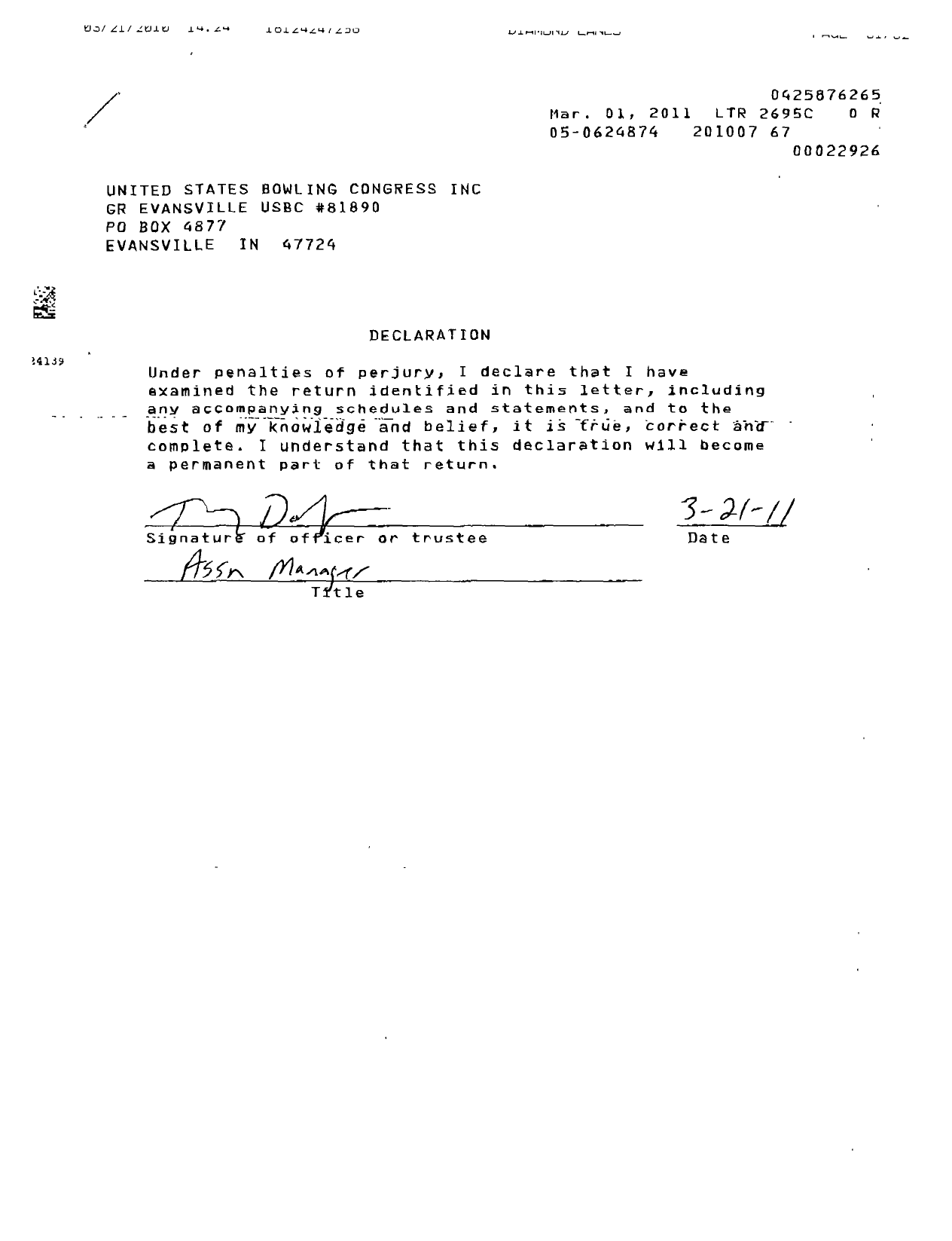 Image of first page of 2009 Form 990ER for United States Bowling Congress - 81890 GR Evansville Usbc