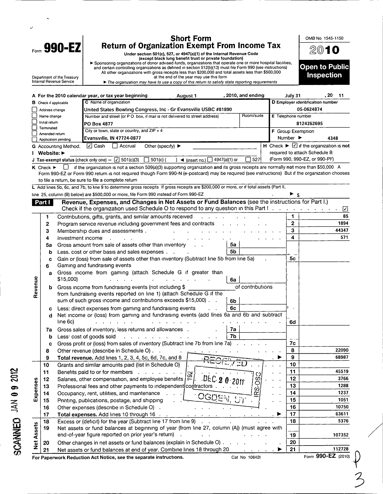 Image of first page of 2010 Form 990EZ for United States Bowling Congress - 81890 GR Evansville Usbc