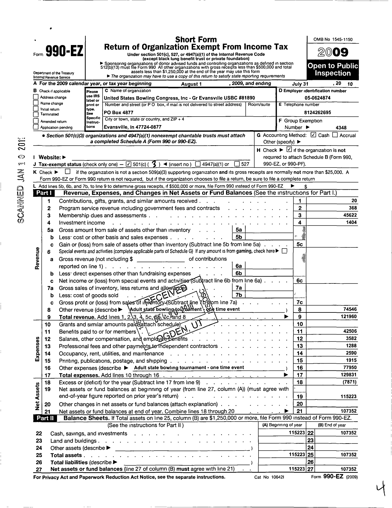 Image of first page of 2009 Form 990EZ for United States Bowling Congress - 81890 GR Evansville Usbc
