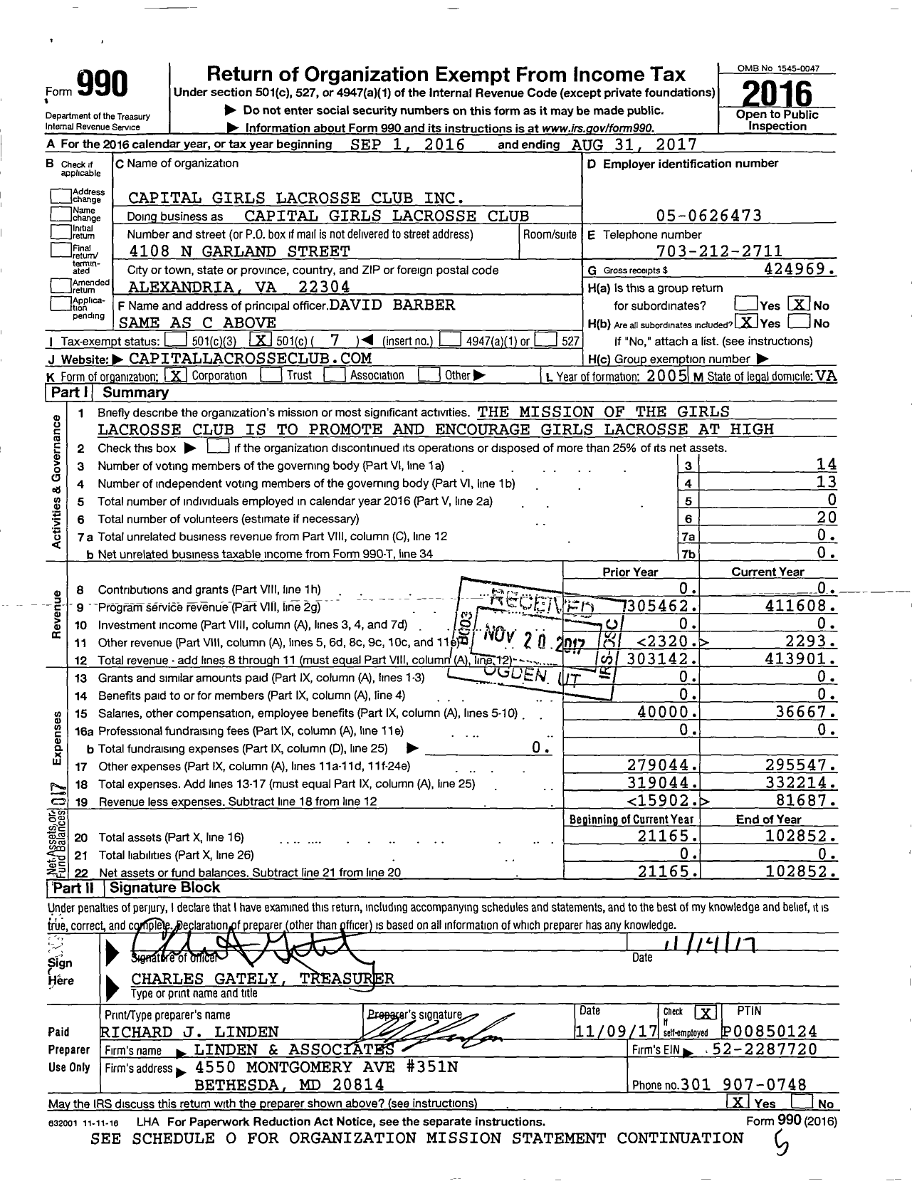 Image of first page of 2016 Form 990O for Capital Girls Lacrosse Club