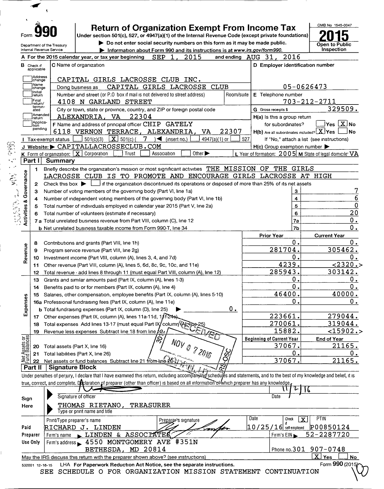 Image of first page of 2015 Form 990O for Capital Girls Lacrosse Club