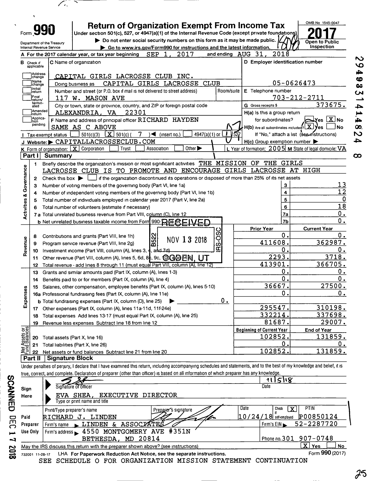 Image of first page of 2017 Form 990O for Capital Girls Lacrosse Club