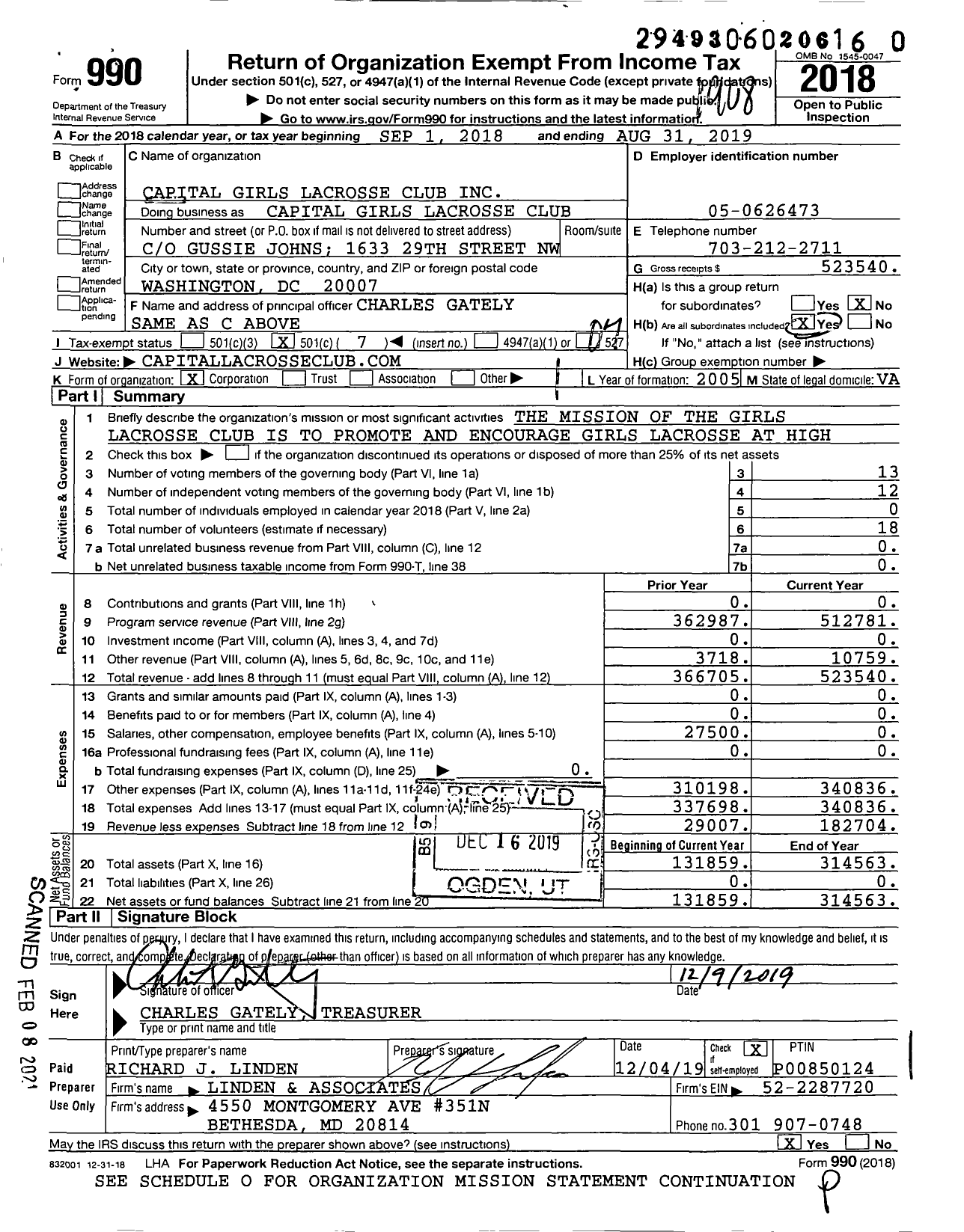 Image of first page of 2018 Form 990O for Capital Girls Lacrosse Club