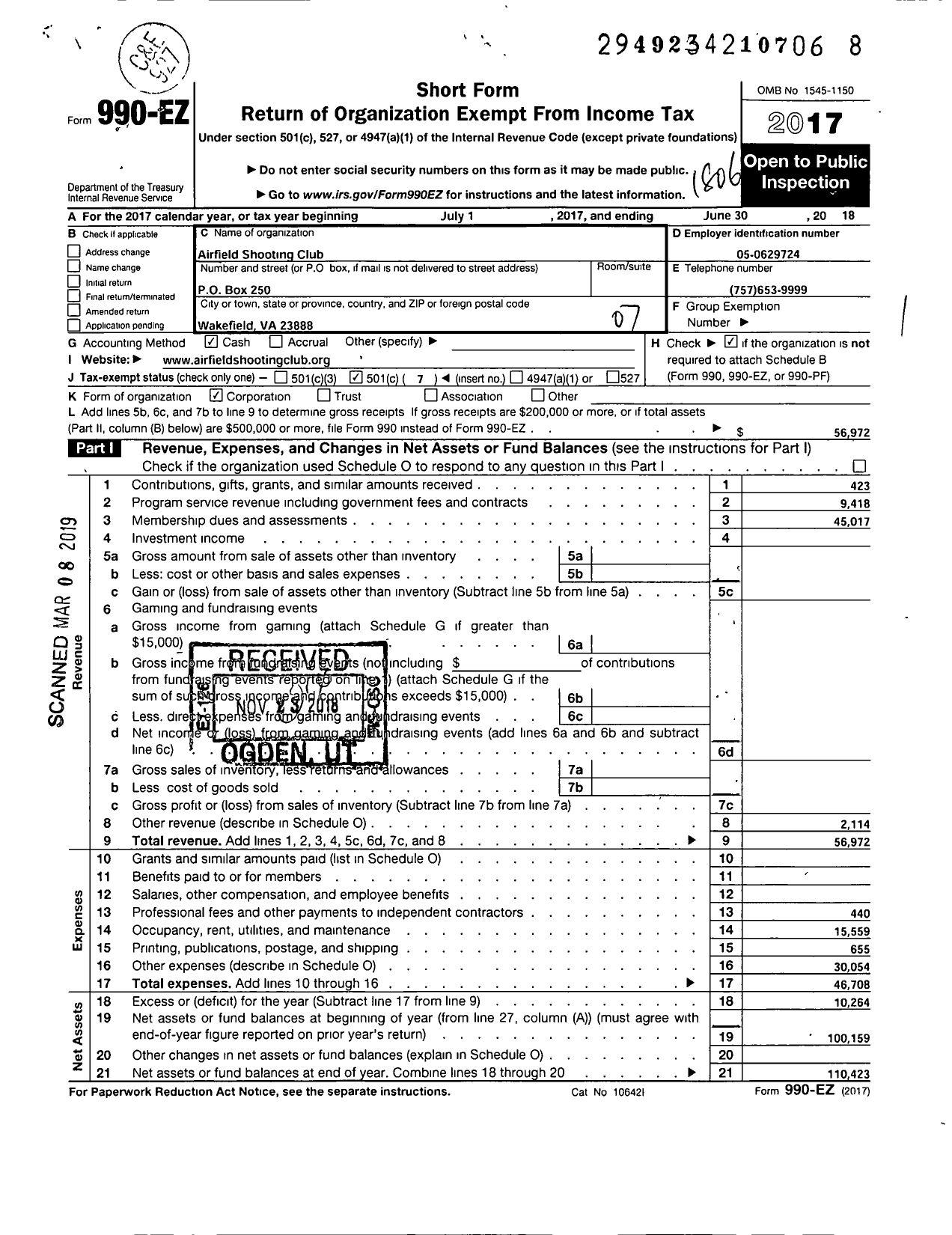 Image of first page of 2017 Form 990EO for Airfield Shooting Club