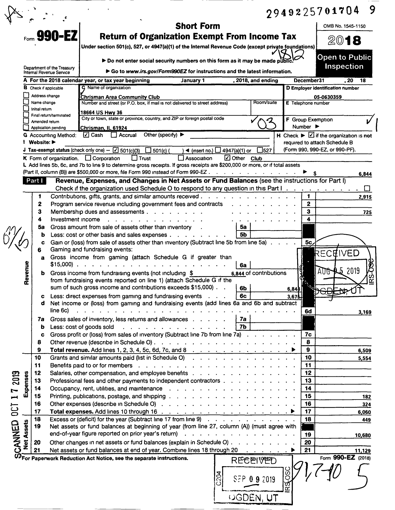 Image of first page of 2018 Form 990EZ for Chrisman Area Community Club