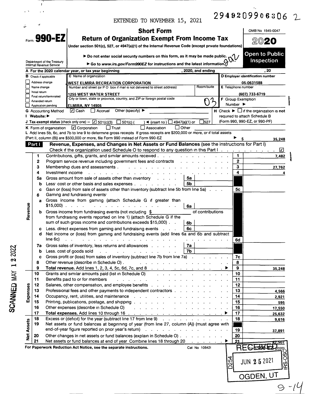Image of first page of 2020 Form 990EZ for West Elmira Recreation Corporation