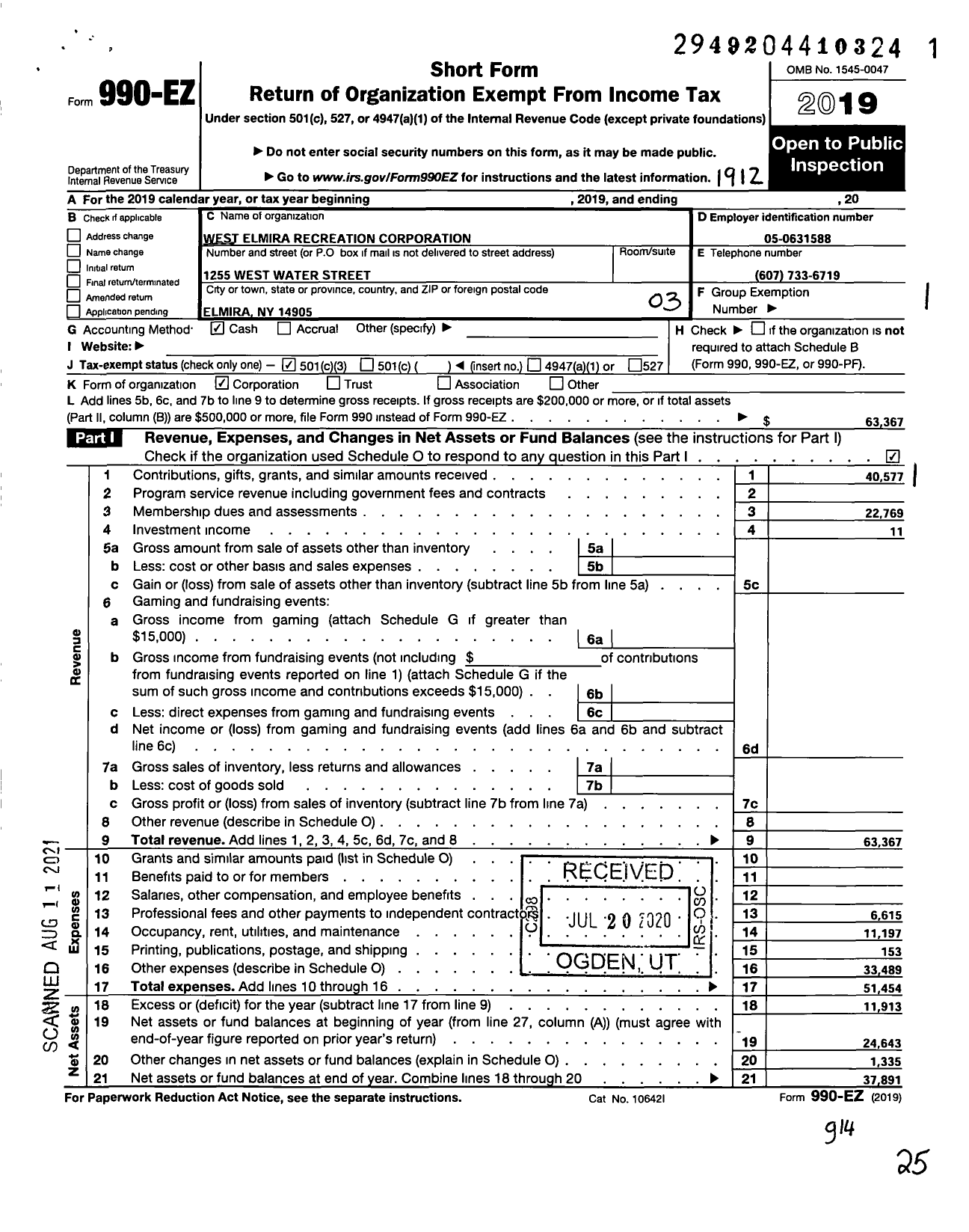 Image of first page of 2019 Form 990EZ for West Elmira Recreation Corporation