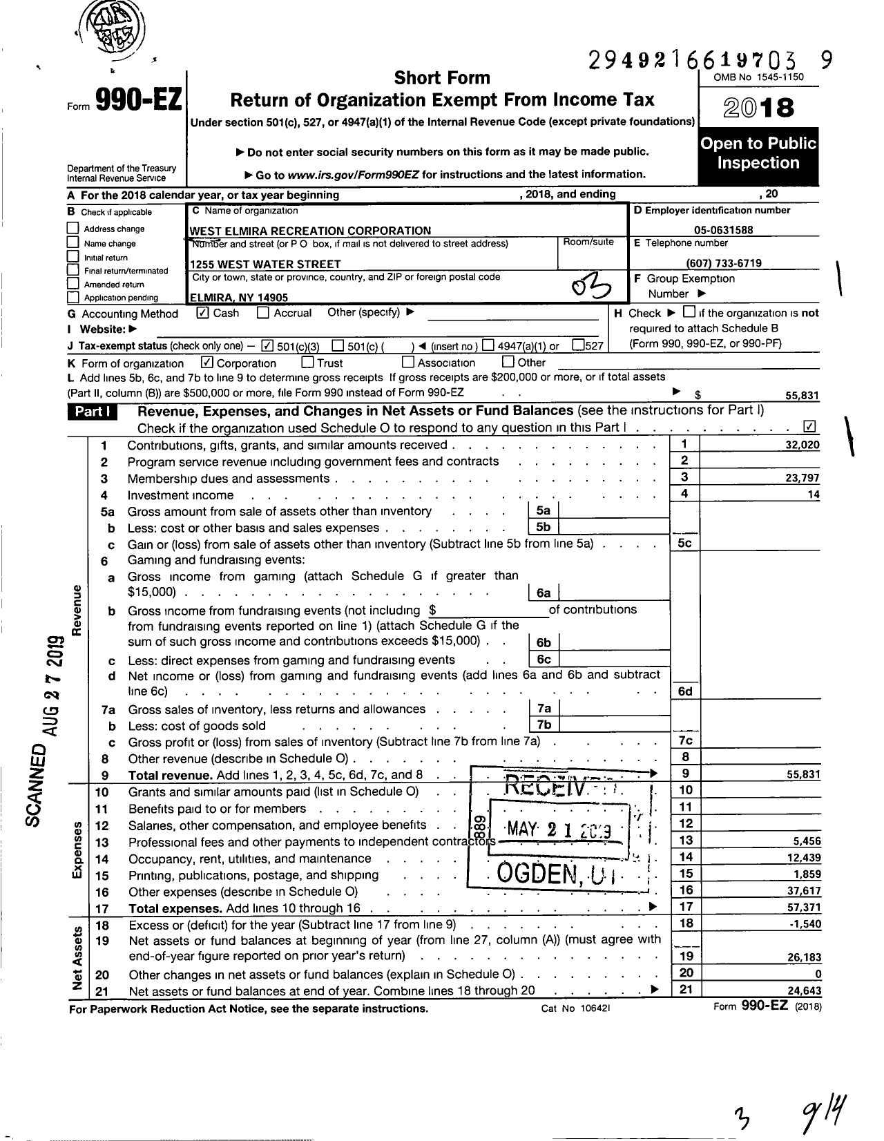 Image of first page of 2018 Form 990EZ for West Elmira Recreation Corporation