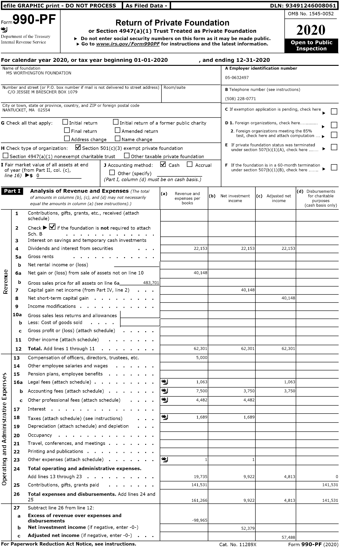 Image of first page of 2020 Form 990PF for MS Worthington Foundation