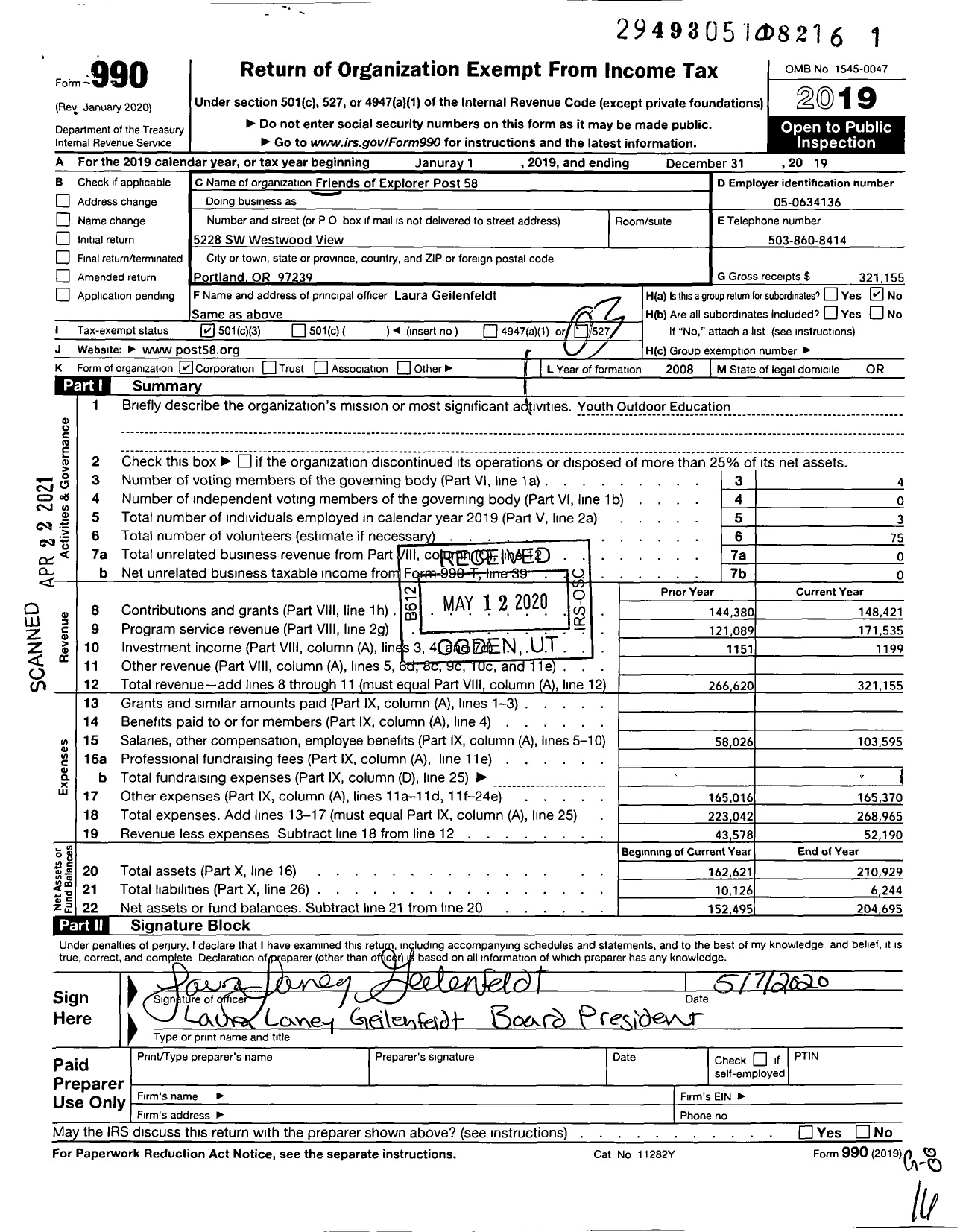 Image of first page of 2019 Form 990 for Friends of Explorer Post 58