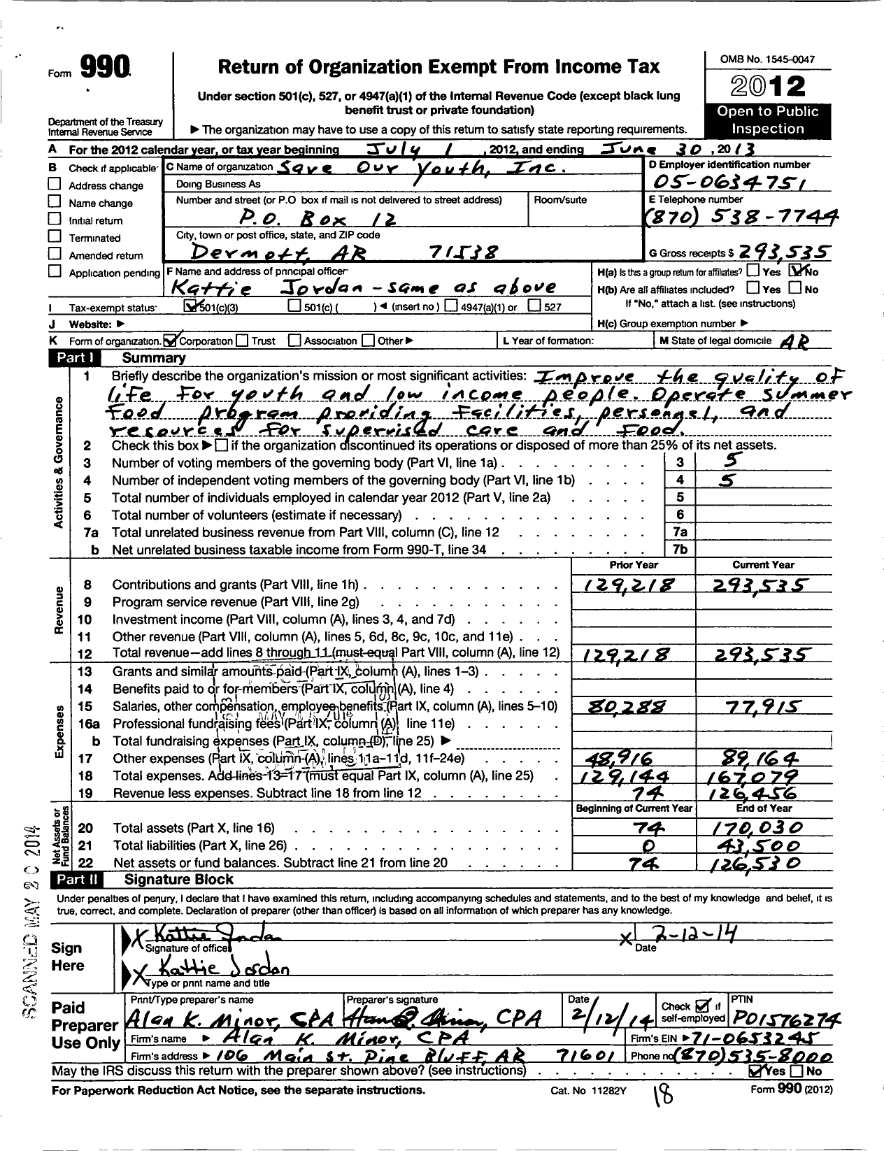 Image of first page of 2012 Form 990 for Save Our Youth (SOY)