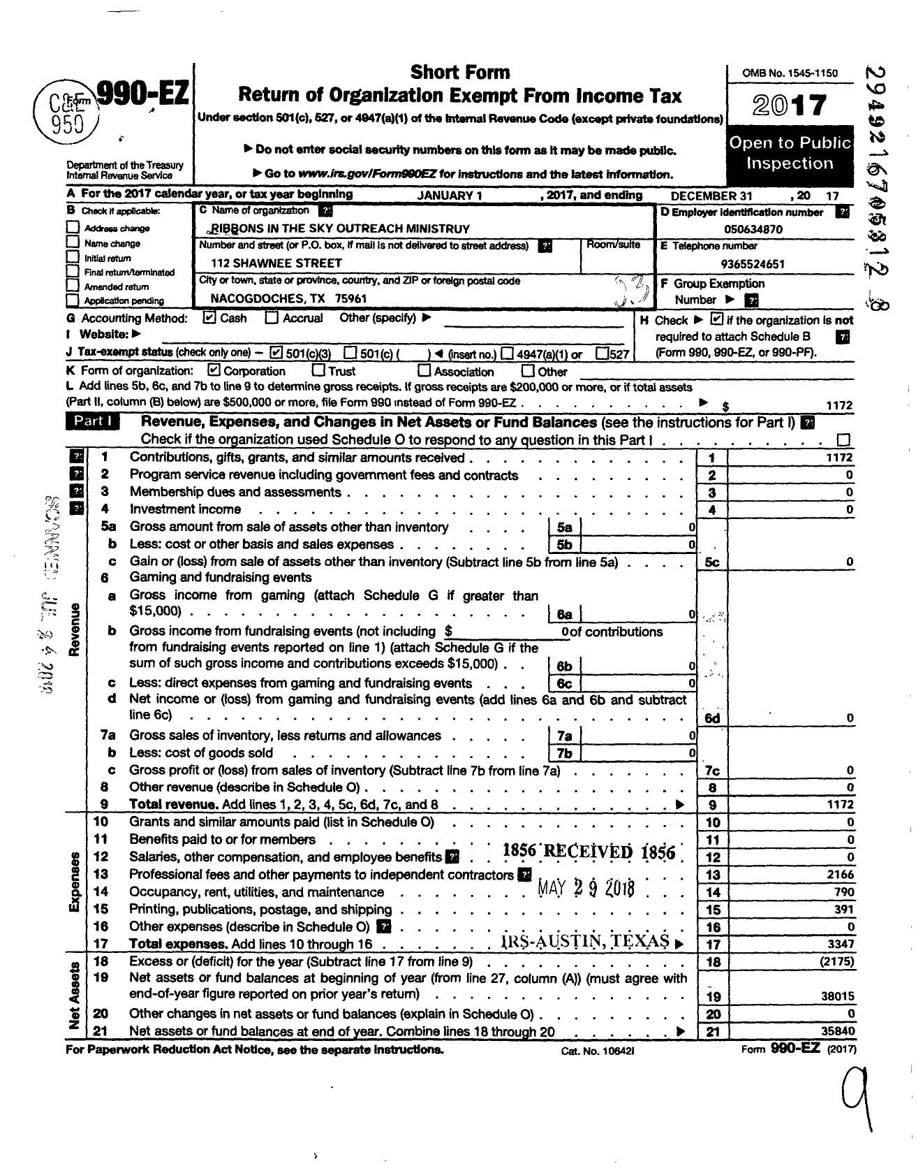 Image of first page of 2017 Form 990EZ for Ribbons in the Sky Outreach Ministry