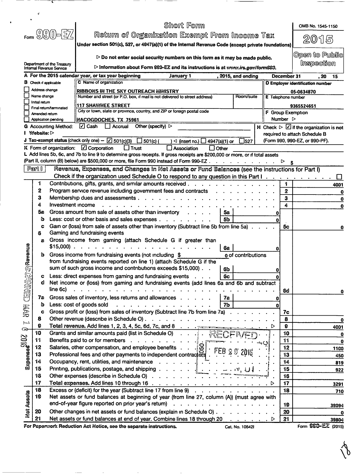 Image of first page of 2015 Form 990EZ for Ribbons in the Sky Outreach Ministry