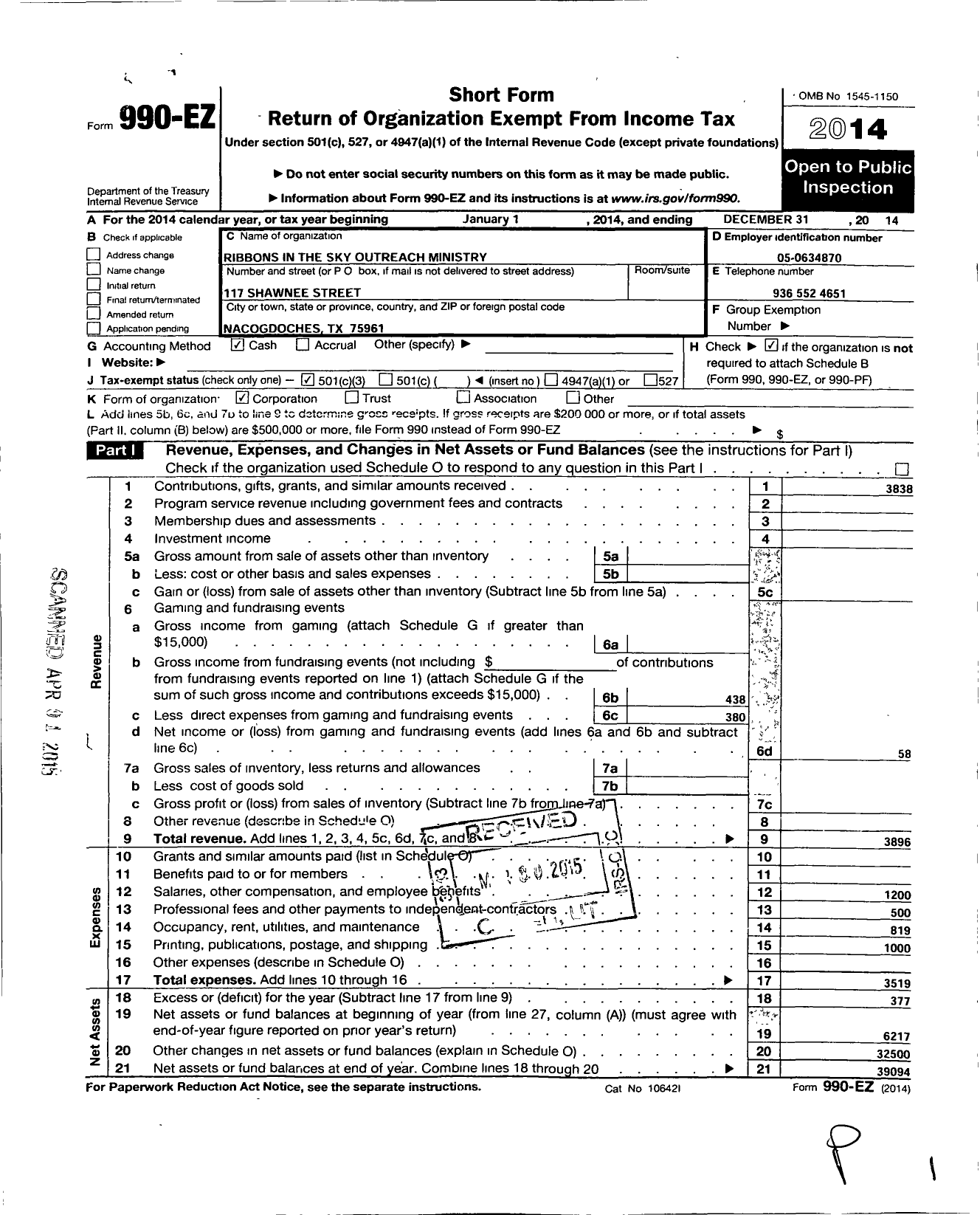 Image of first page of 2014 Form 990EZ for Ribbons in the Sky Outreach Ministry