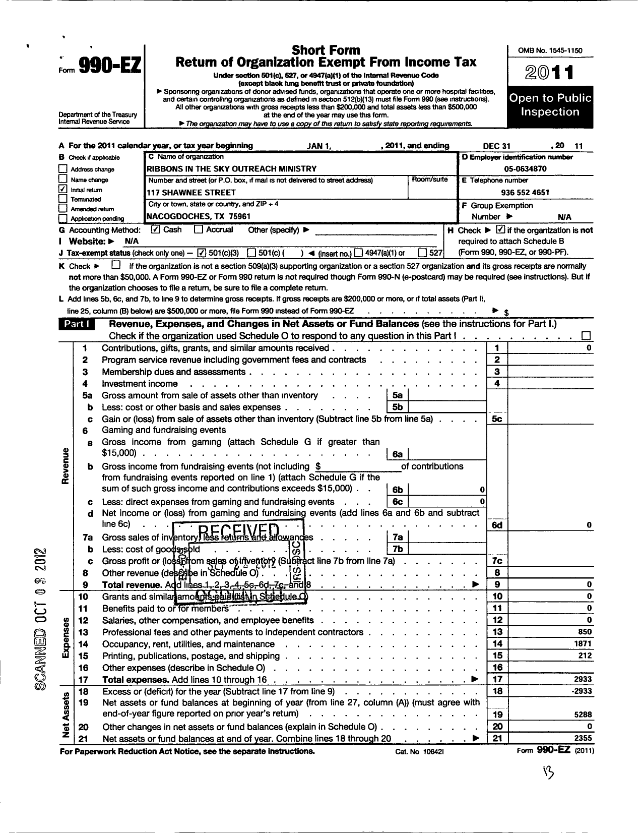 Image of first page of 2011 Form 990EZ for Ribbons in the Sky Outreach Ministry