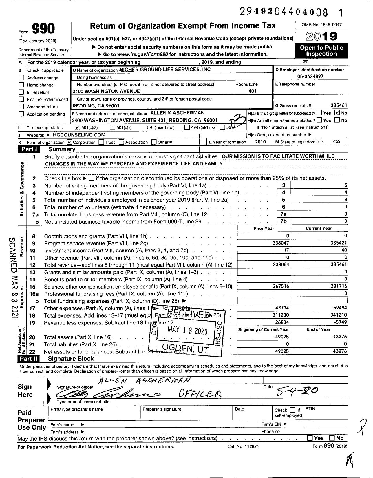 Image of first page of 2019 Form 990 for Higher Ground Life Services