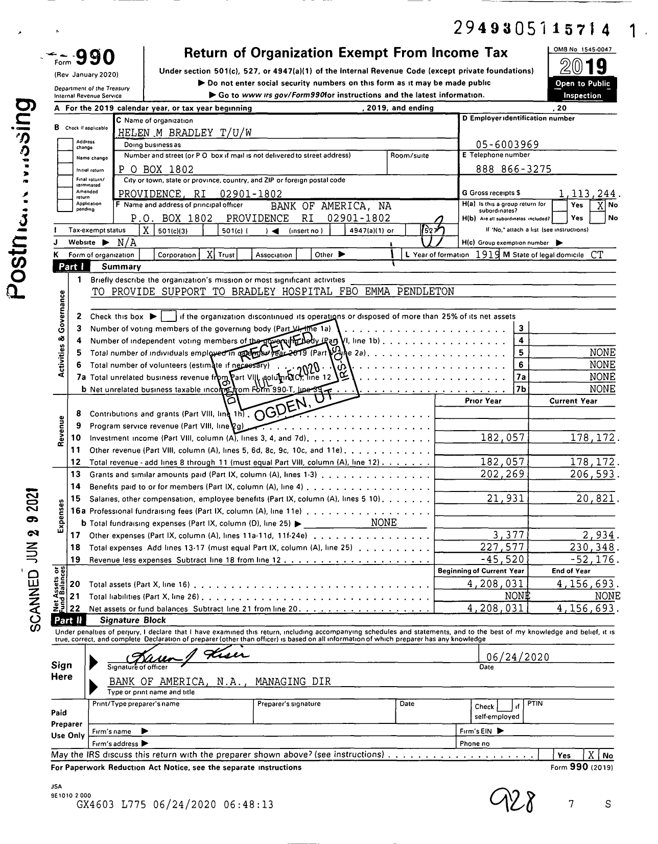 Image of first page of 2019 Form 990 for Helen M Bradley Tuw