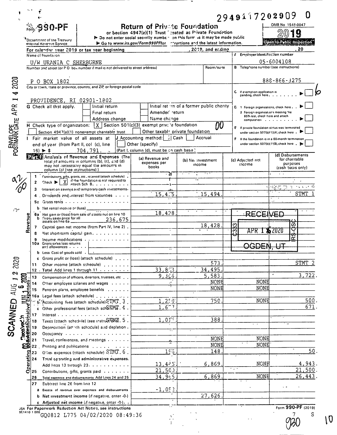 Image of first page of 2019 Form 990PR for Uw Urania C Sherburne