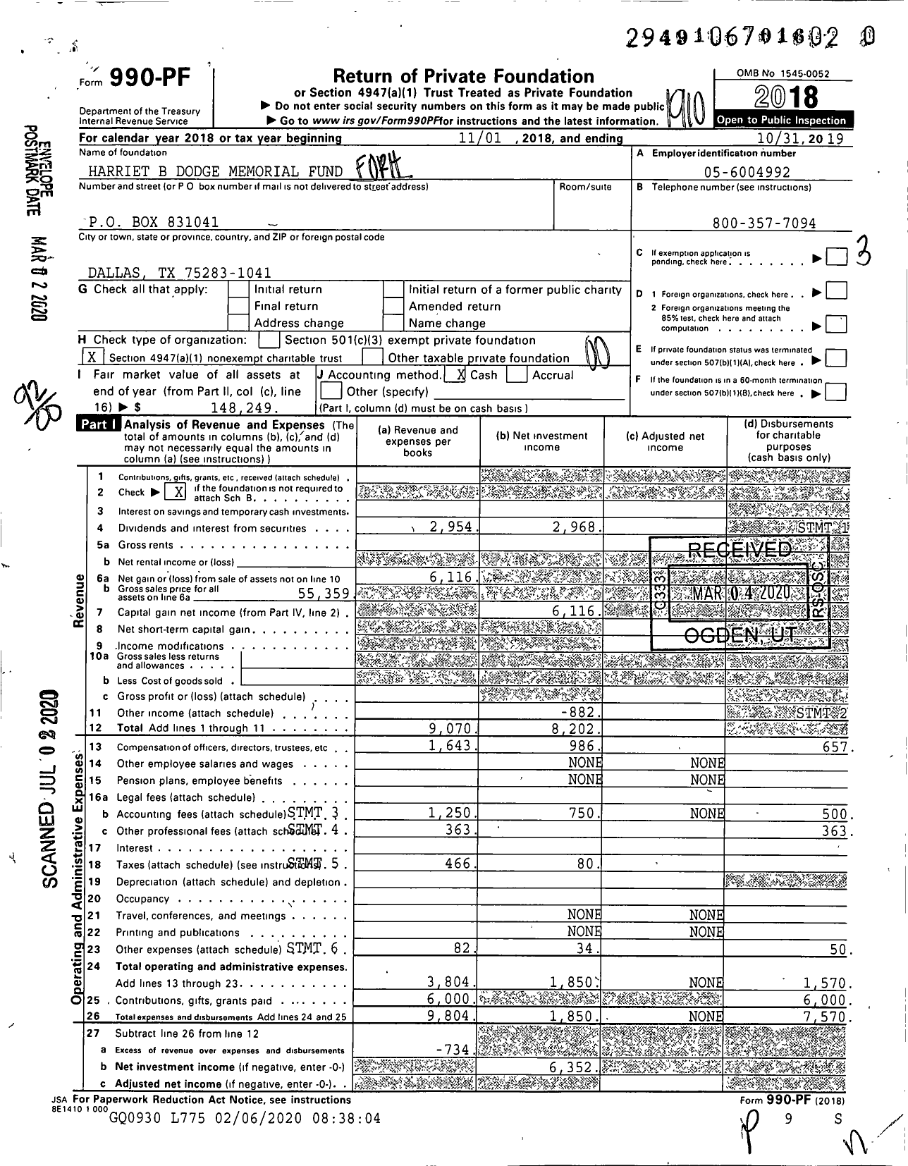 Image of first page of 2018 Form 990PR for Harriet Blades Dodge Memorial TR Fund