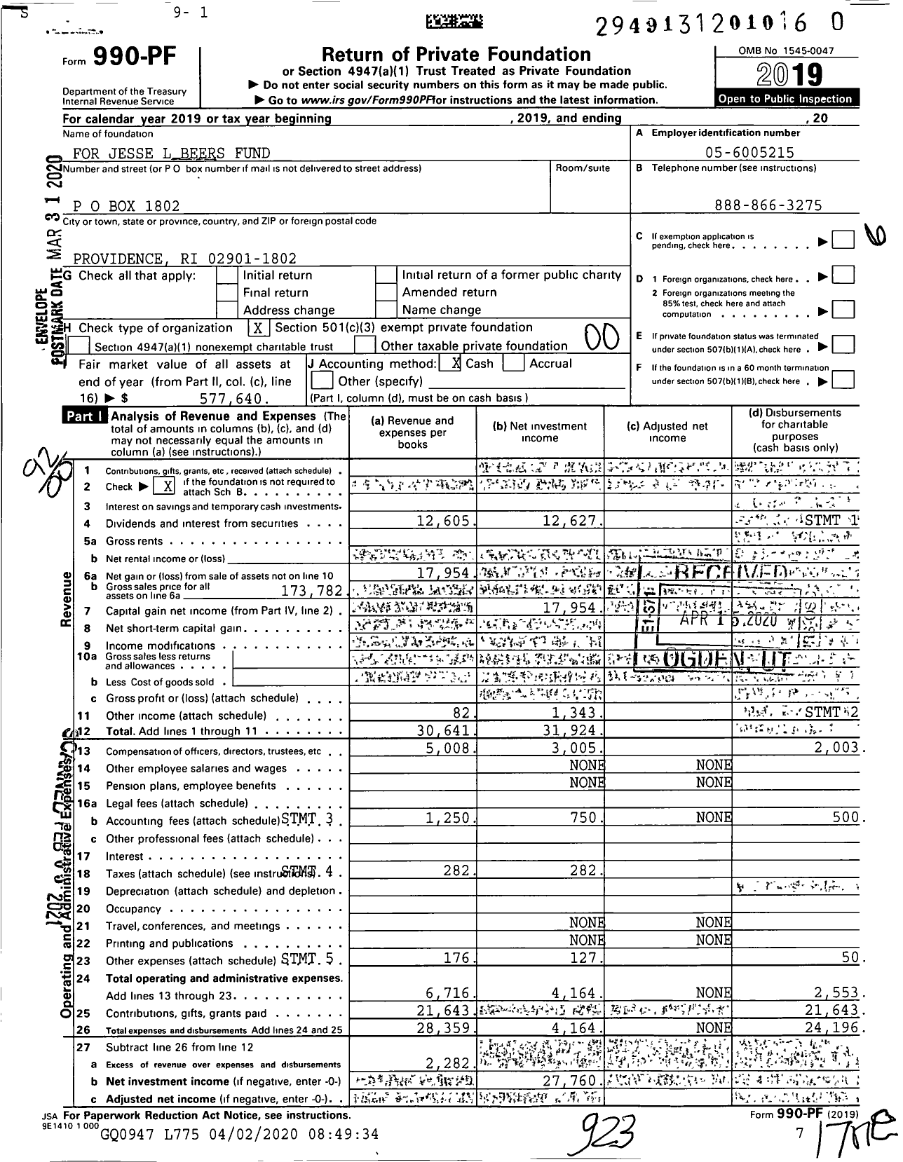 Image of first page of 2019 Form 990PF for For Jesse L Beers Fund