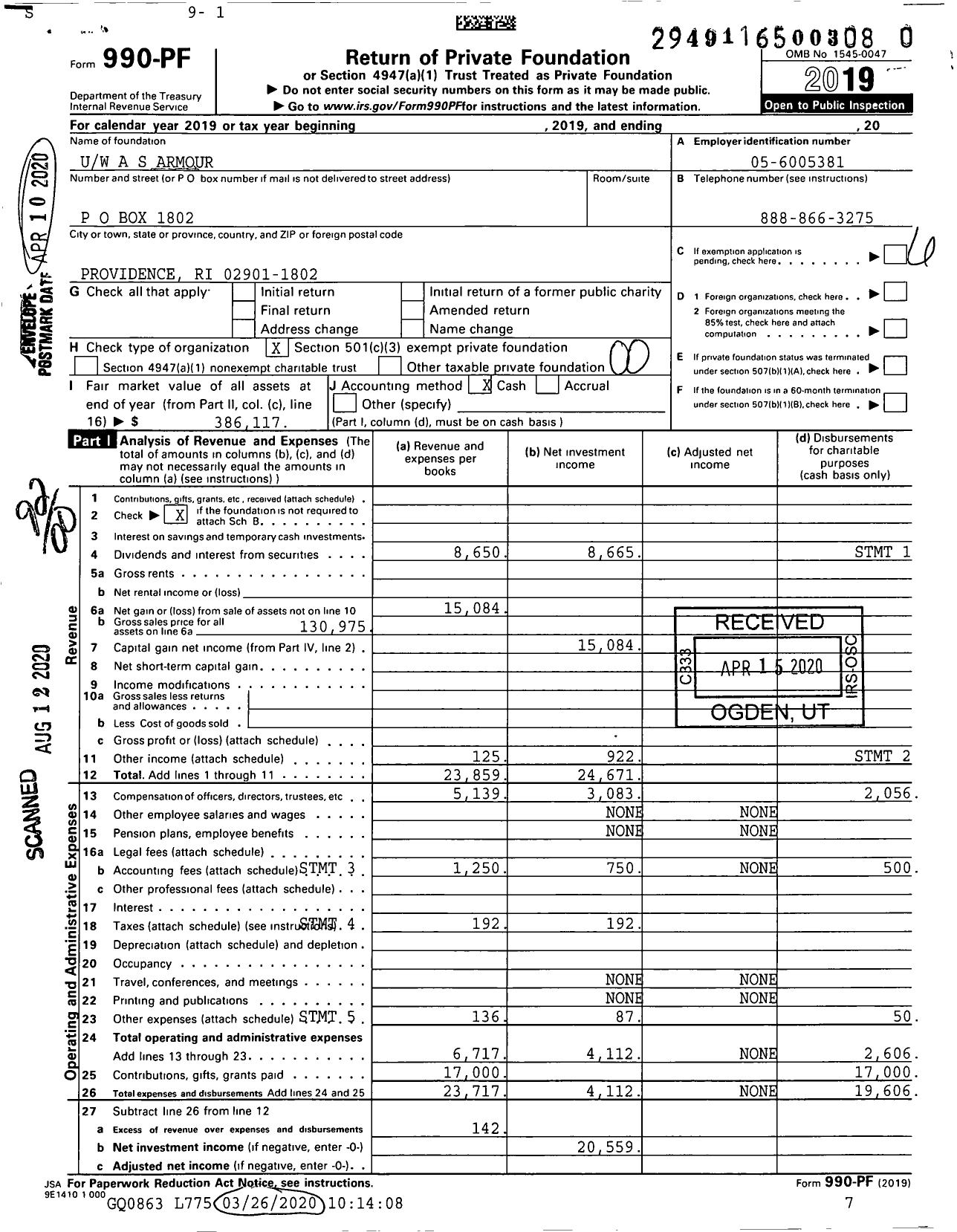 Image of first page of 2019 Form 990PR for Uw A S Armour