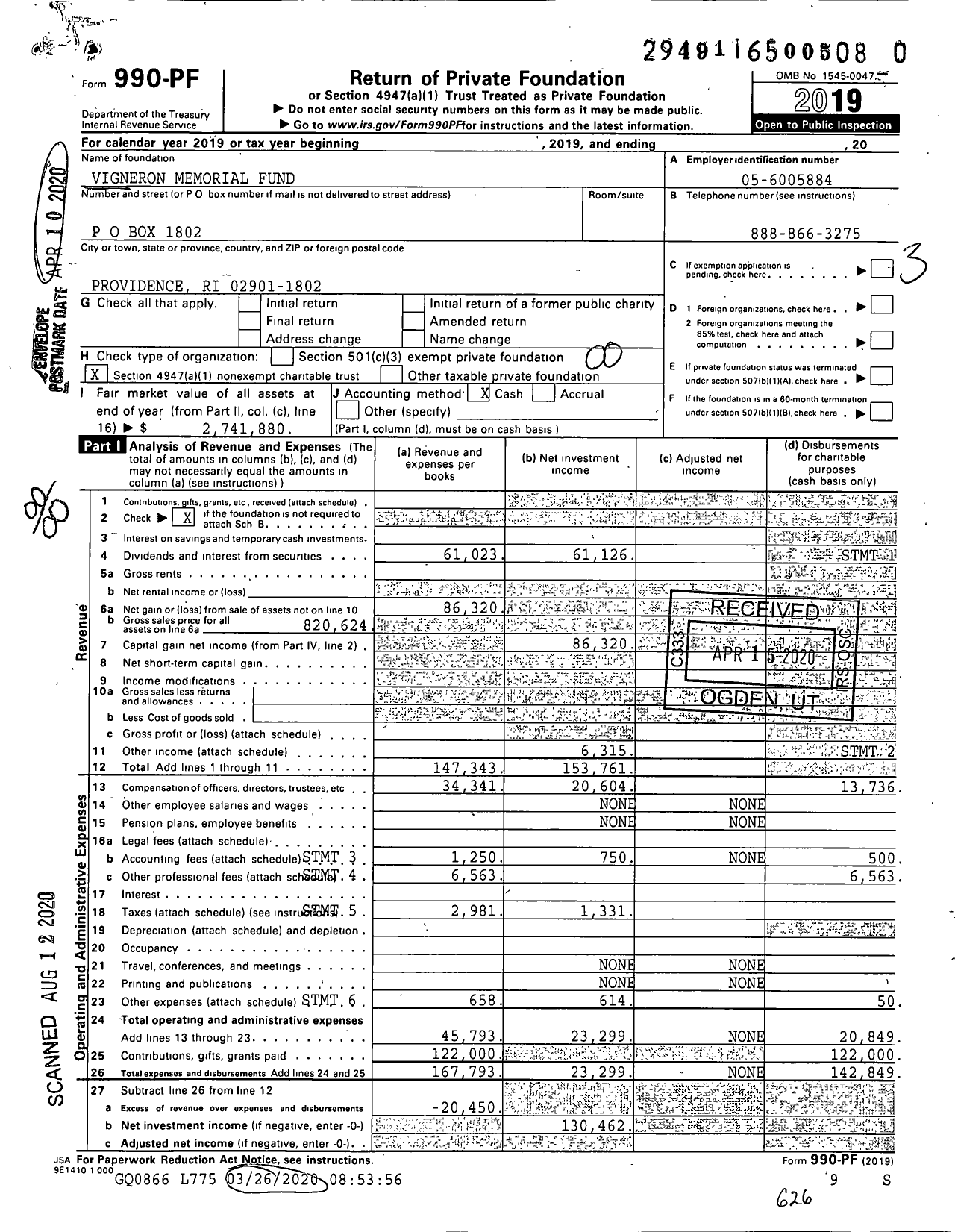 Image of first page of 2019 Form 990PR for Vigneron Memorial Fund