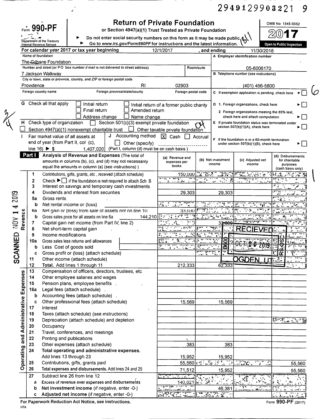 Image of first page of 2017 Form 990PF for The Gilbane Family Foundation