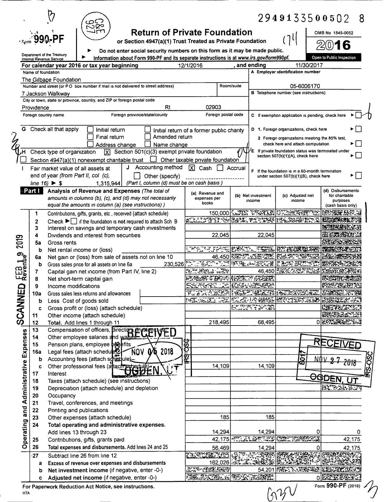 Image of first page of 2016 Form 990PF for The Gilbane Family Foundation