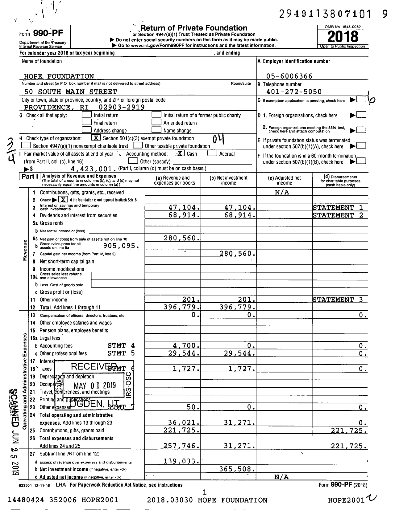 Image of first page of 2018 Form 990PF for Hope Foundation