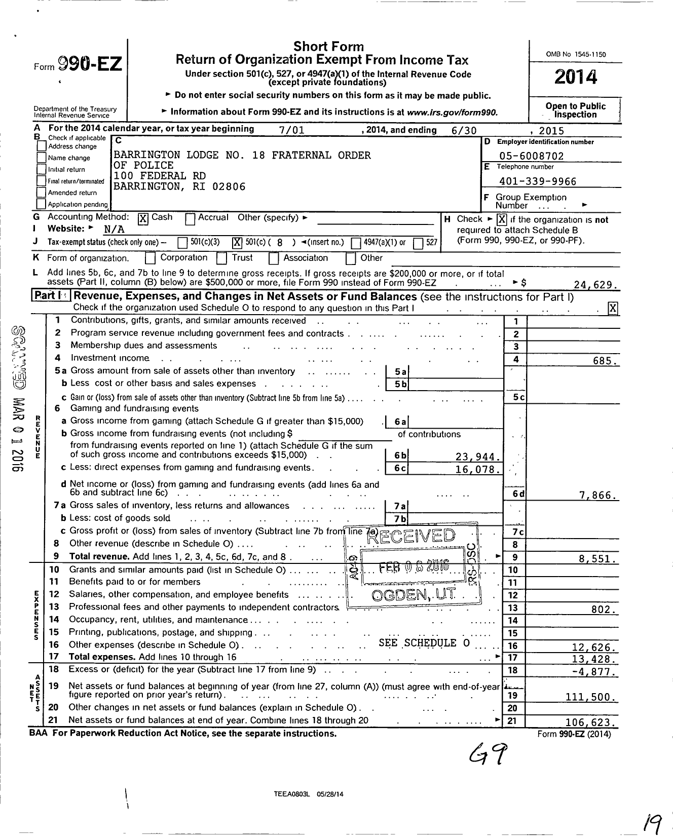 Image of first page of 2014 Form 990EO for Fraternal Order of Police - 18 Barrington Lodge