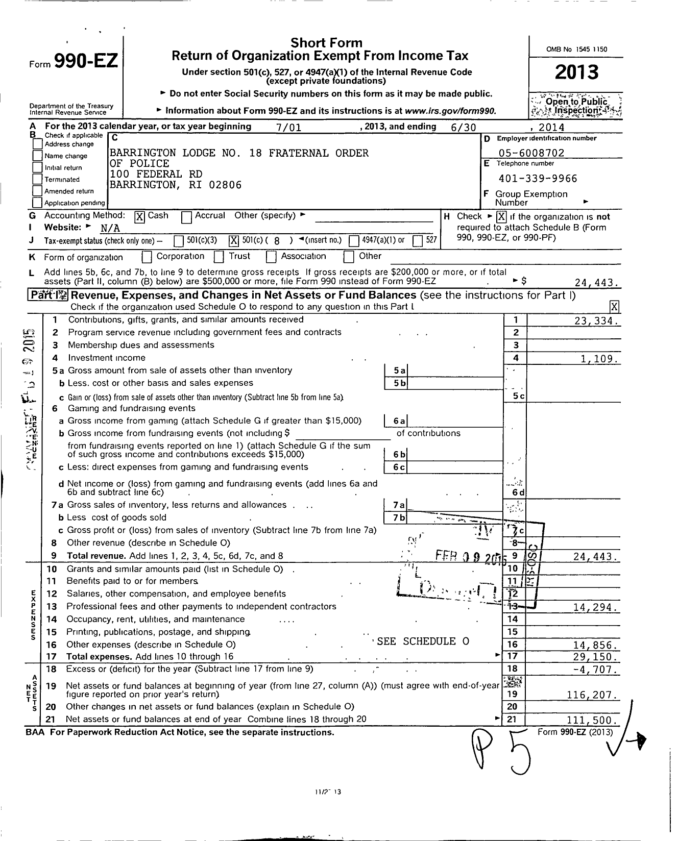 Image of first page of 2013 Form 990EO for Fraternal Order of Police - 18 Barrington Lodge