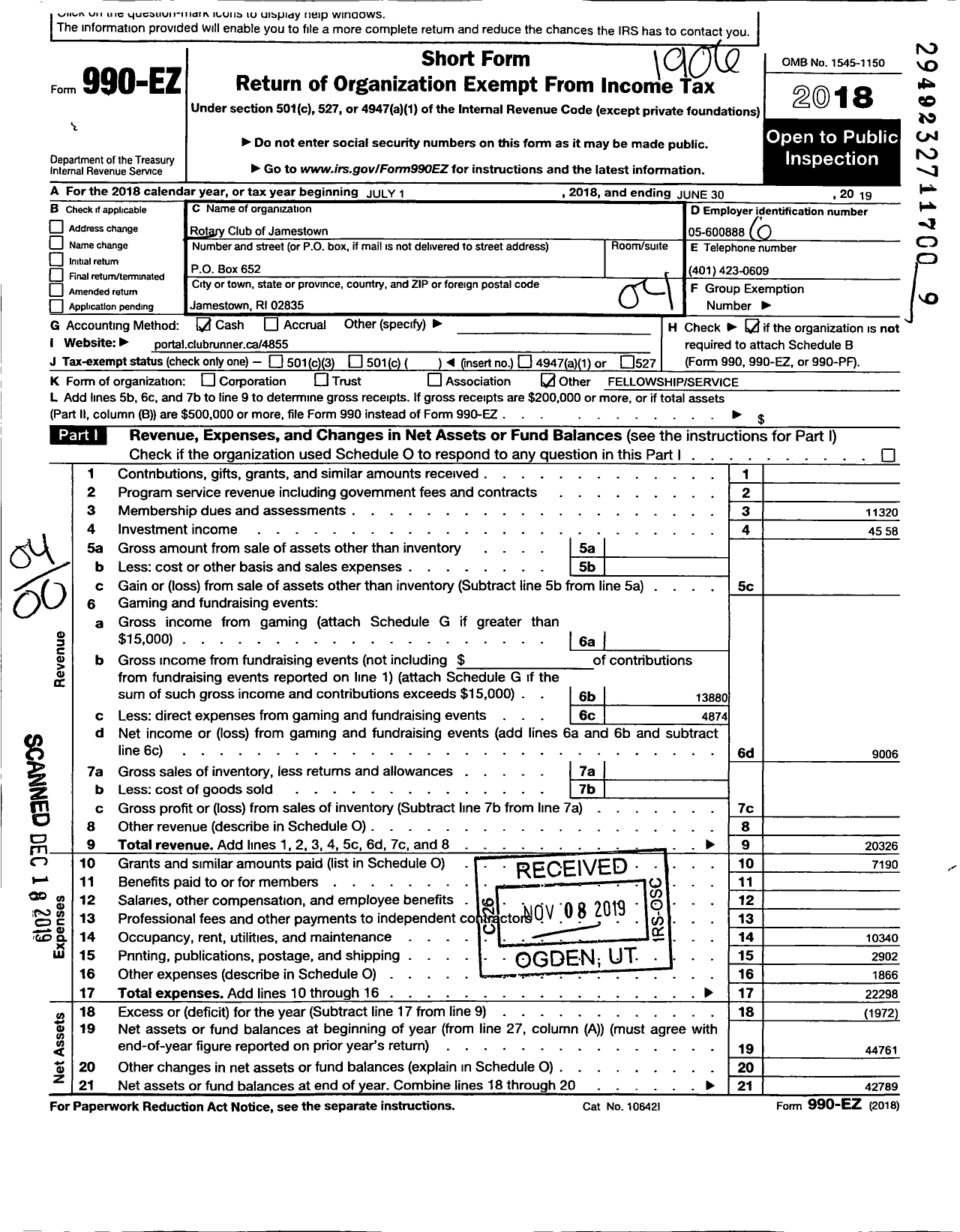 Image of first page of 2018 Form 990EO for Rotary International